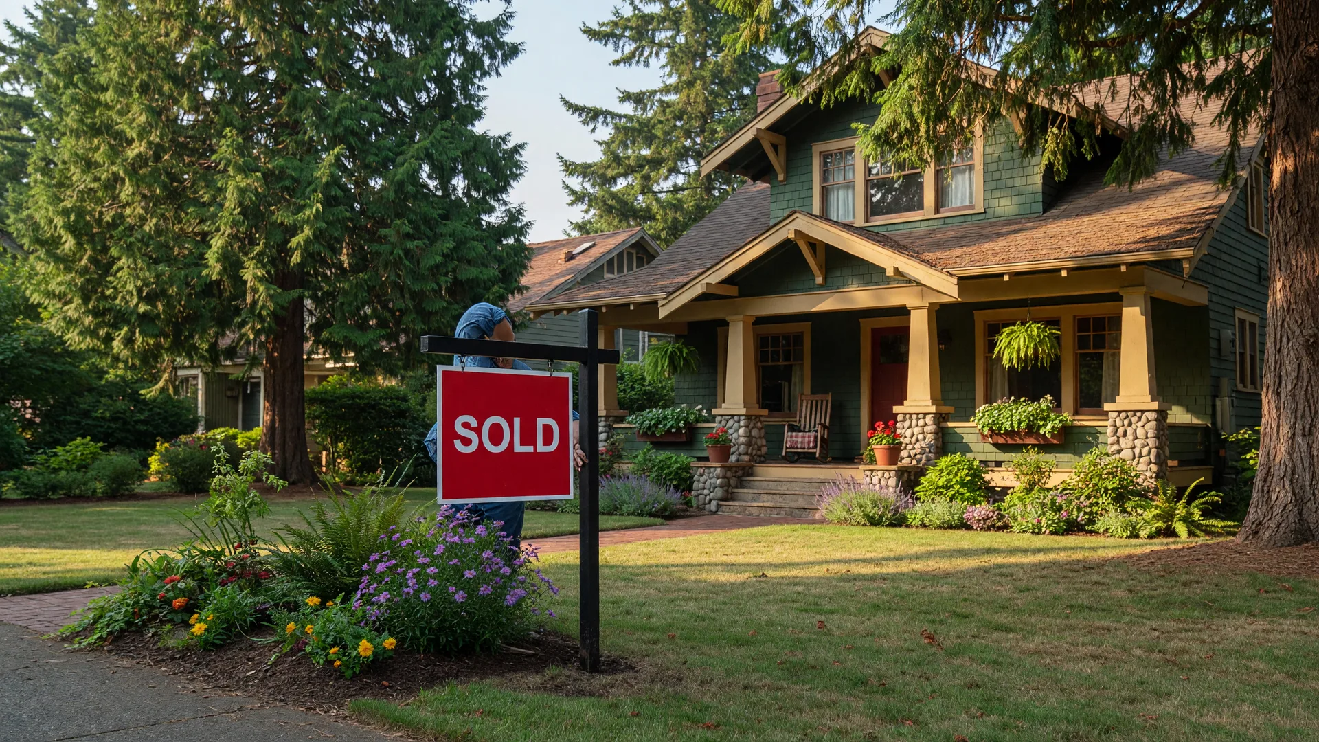 A Sold sign placed in front of a craftsman home in the Pacific Northwest on a sunny afternoon