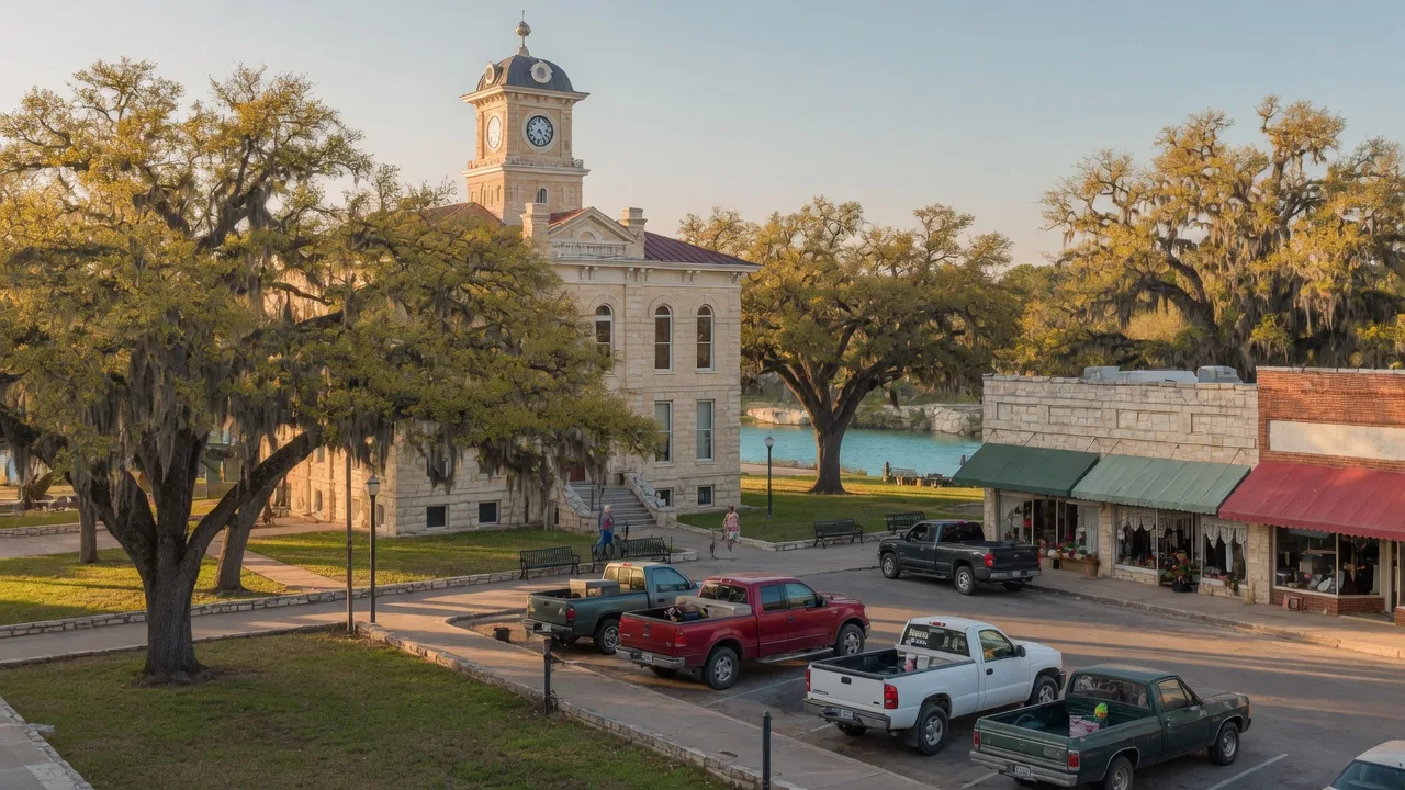 Blanco Texas town square — historic limestone courthouse, live oaks, pickup trucks, local shops under golden morning light
