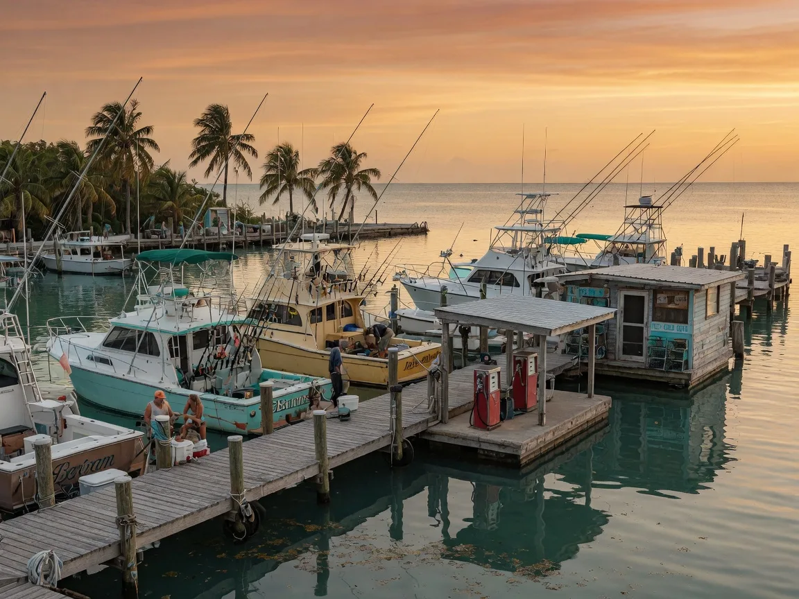 A classic Florida Keys boatyard and marina at golden hour, weathered wooden docks lined with sportfishing boats, a fuel dock with a small storefront, rigging and outriggers against a warm sky, palm trees and a calm turquoise basin