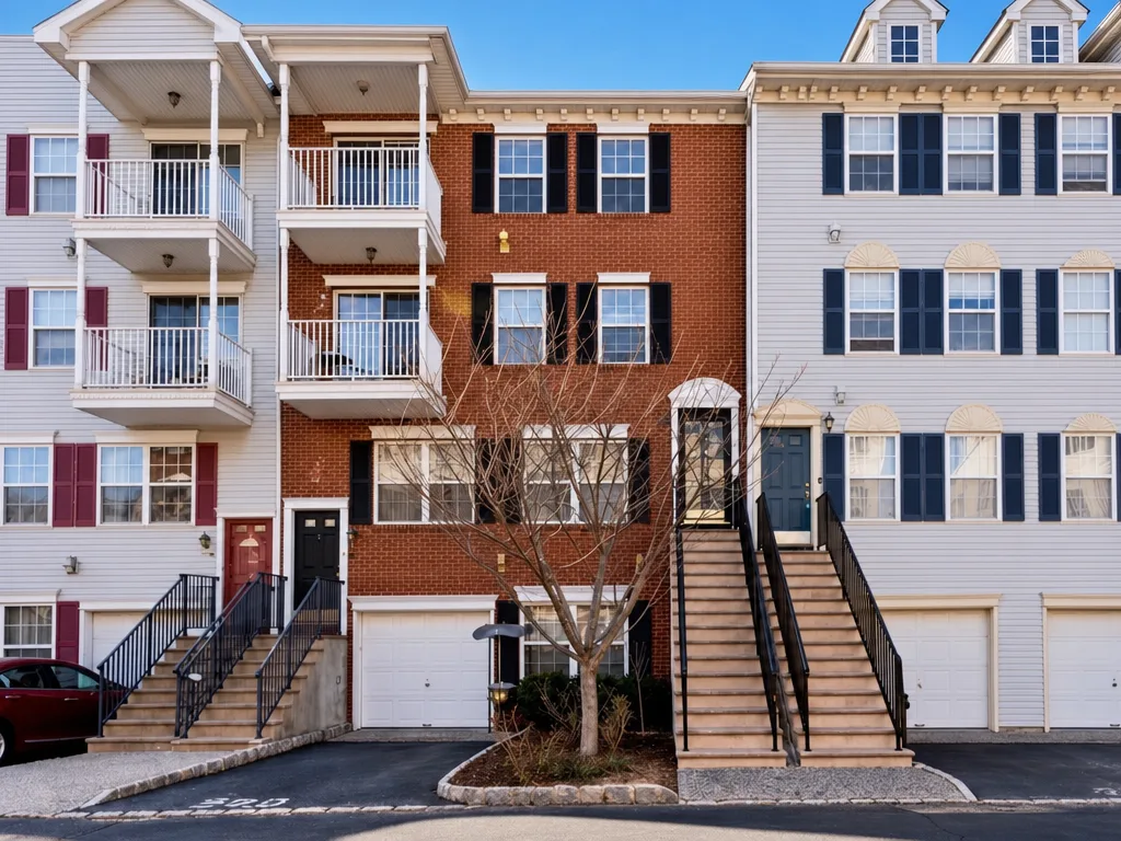 Multi-story red brick and siding townhouse complex with black shutters and metal railings in New Jersey