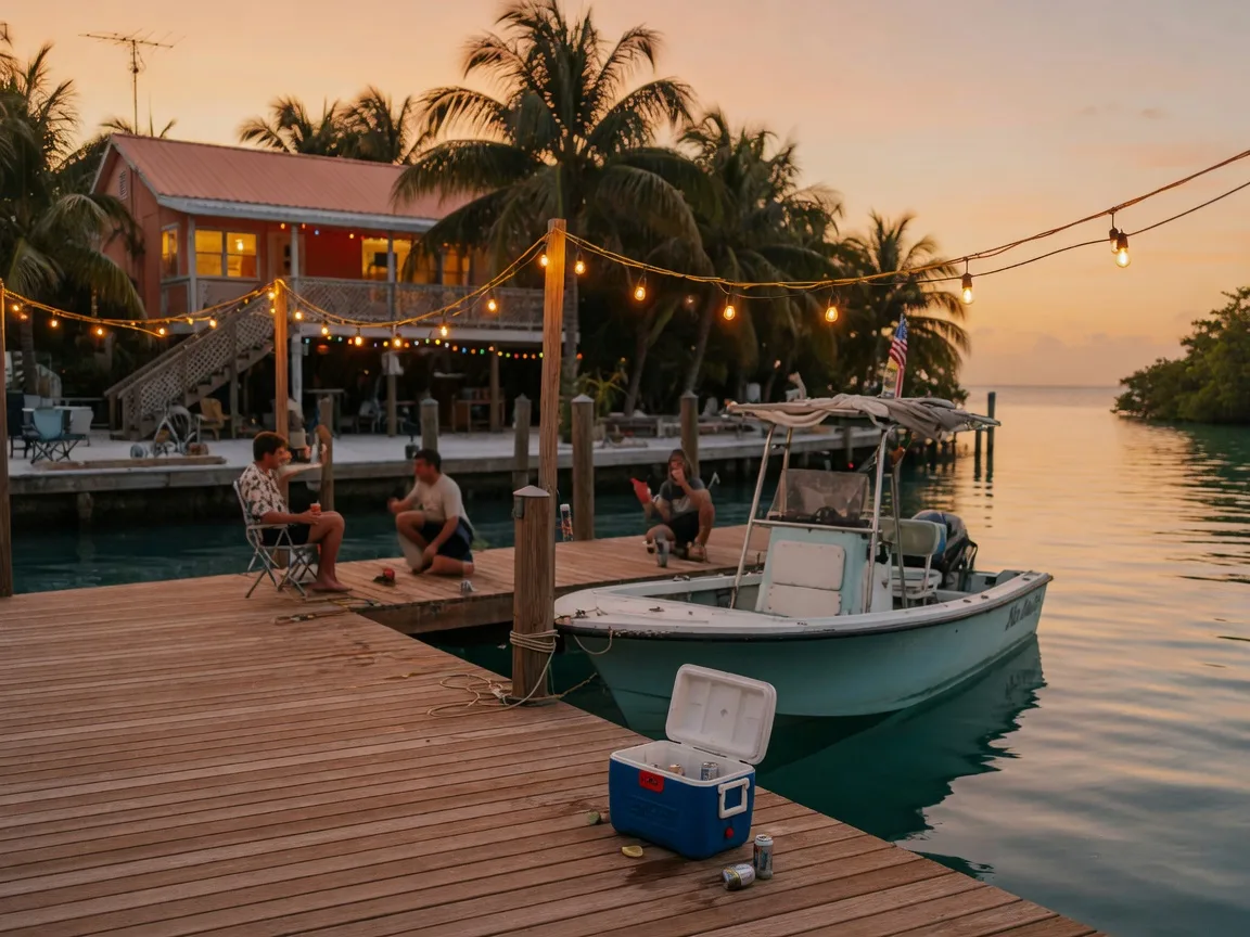 A relaxed weekend dockside gathering in the Florida Keys at golden hour, a private teak dock with warm string lights and a small cooler, a compact center-console boat moored alongside, an elevated metal-roofed Keys home glowing warm behind palms, calm turquoise canal water reflecting the amber sky