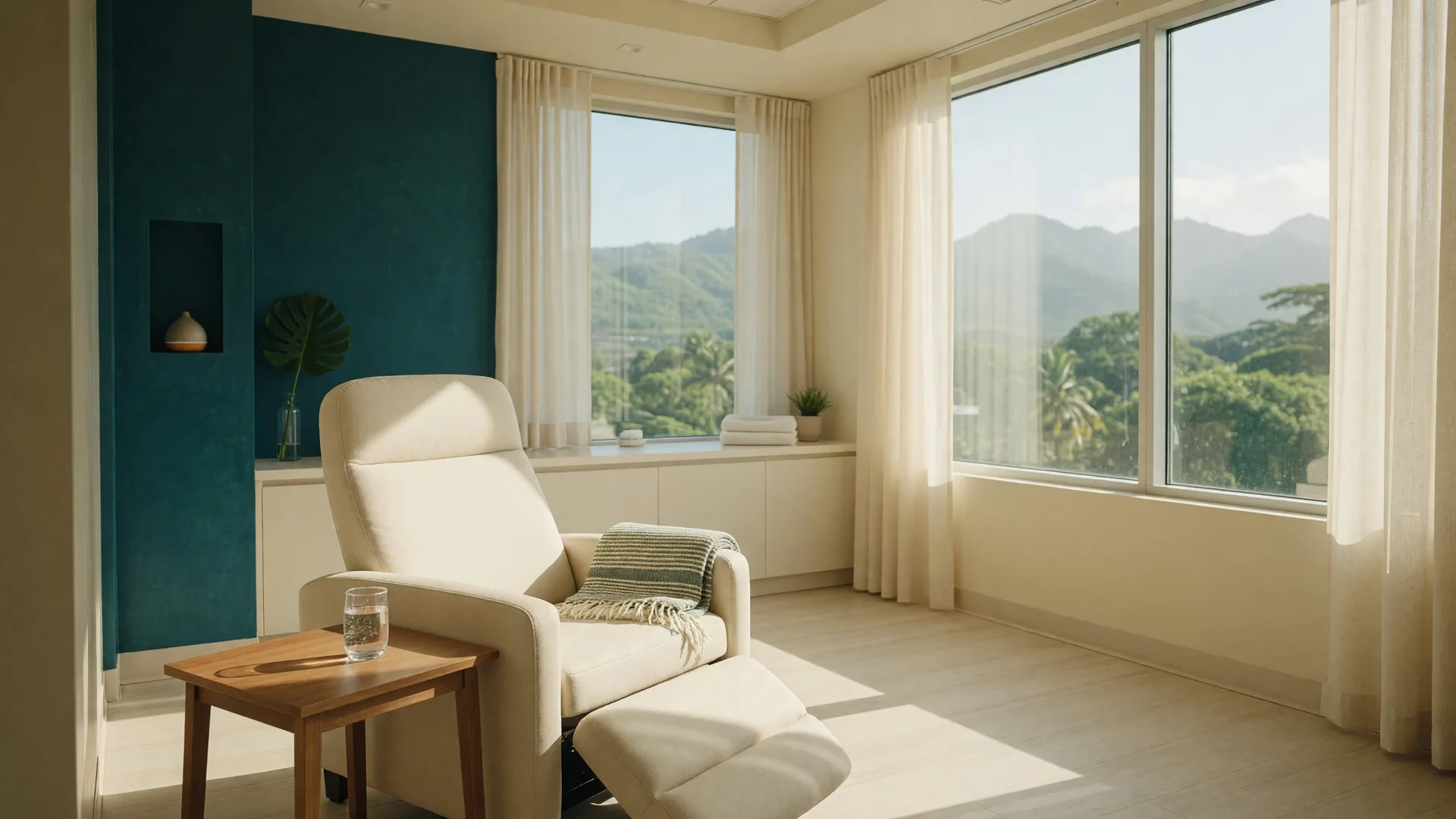 A calm sunlit outpatient treatment suite with a cream reclining chair, a folded blanket, a small side table with a glass of water, and large windows framing green hills