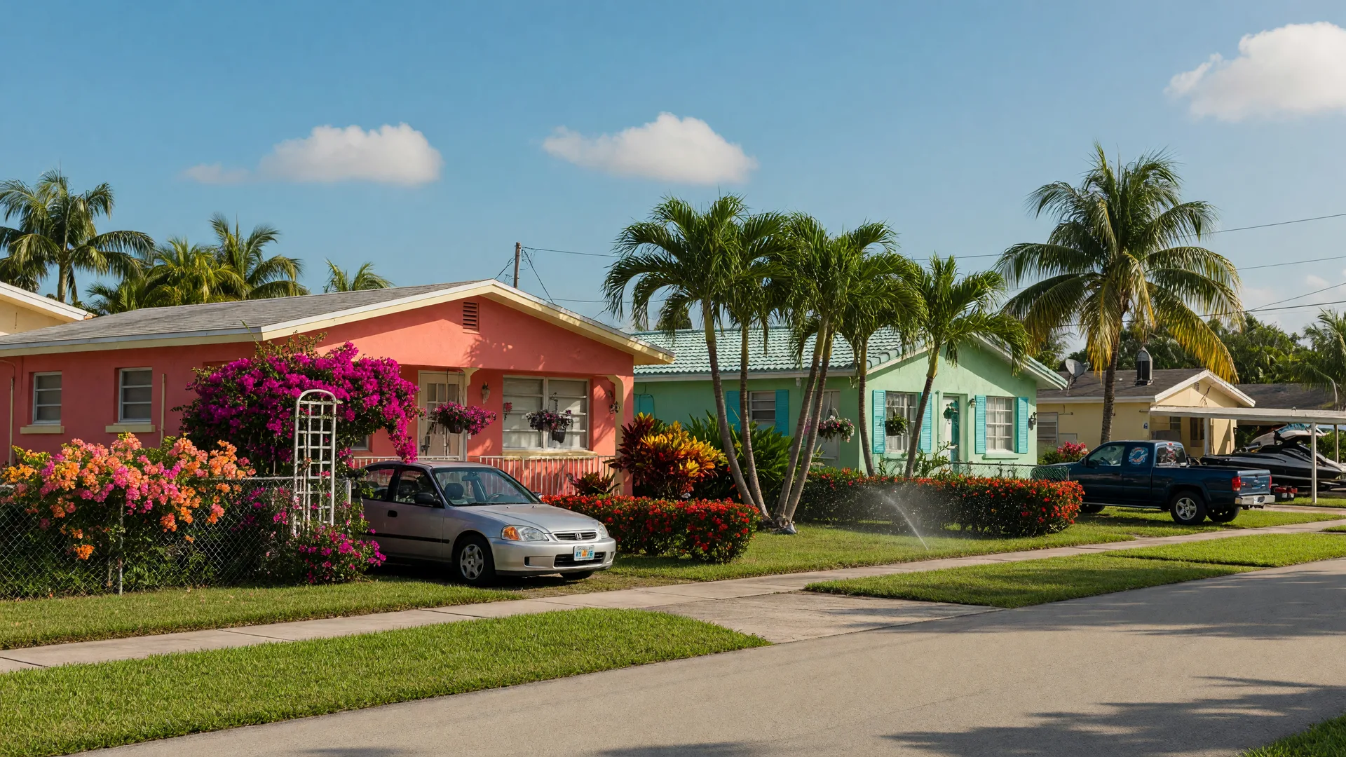 South Florida residential neighborhood on a sunny summer morning with palm trees and tropical landscaping
