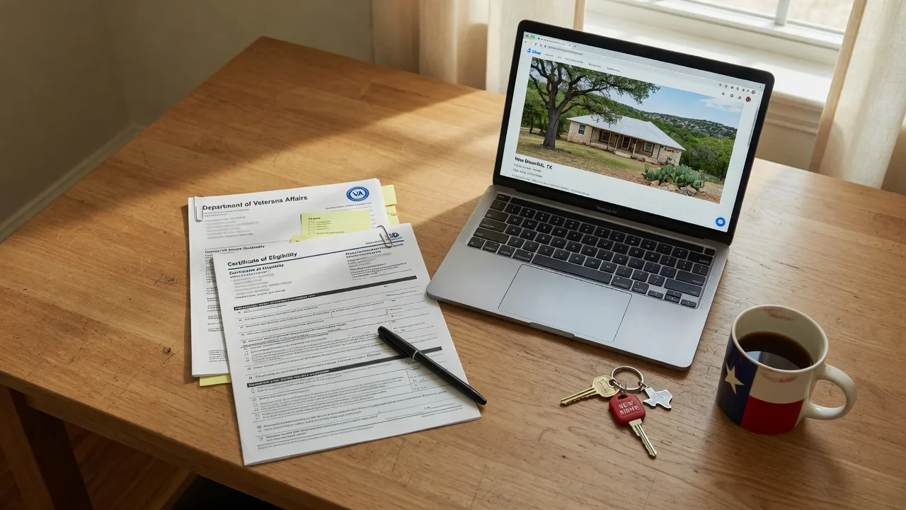 VA loan documents on a desk with a laptop showing a Texas Hill Country home listing, Texas flag coffee mug, and house key