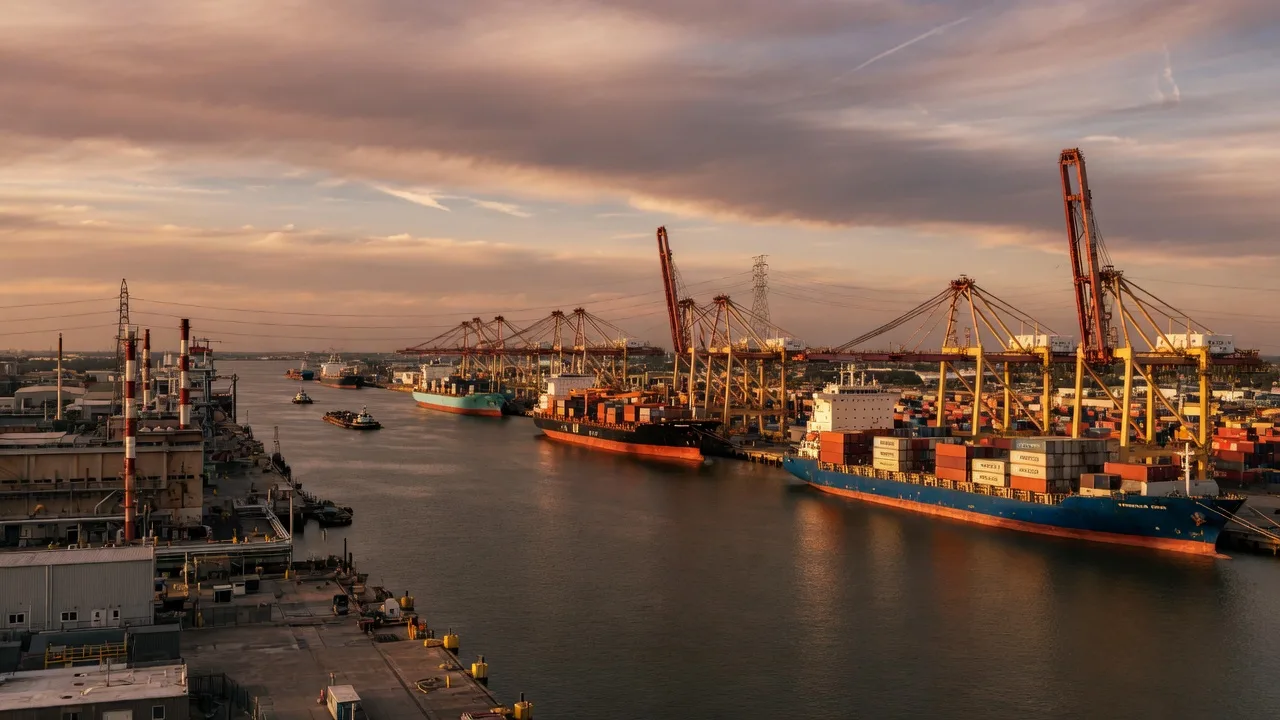 The Houston Ship Channel with container cranes at golden hour