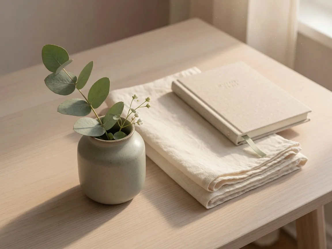 A eucalyptus sprig in a ceramic vase with folded linen in warm morning light