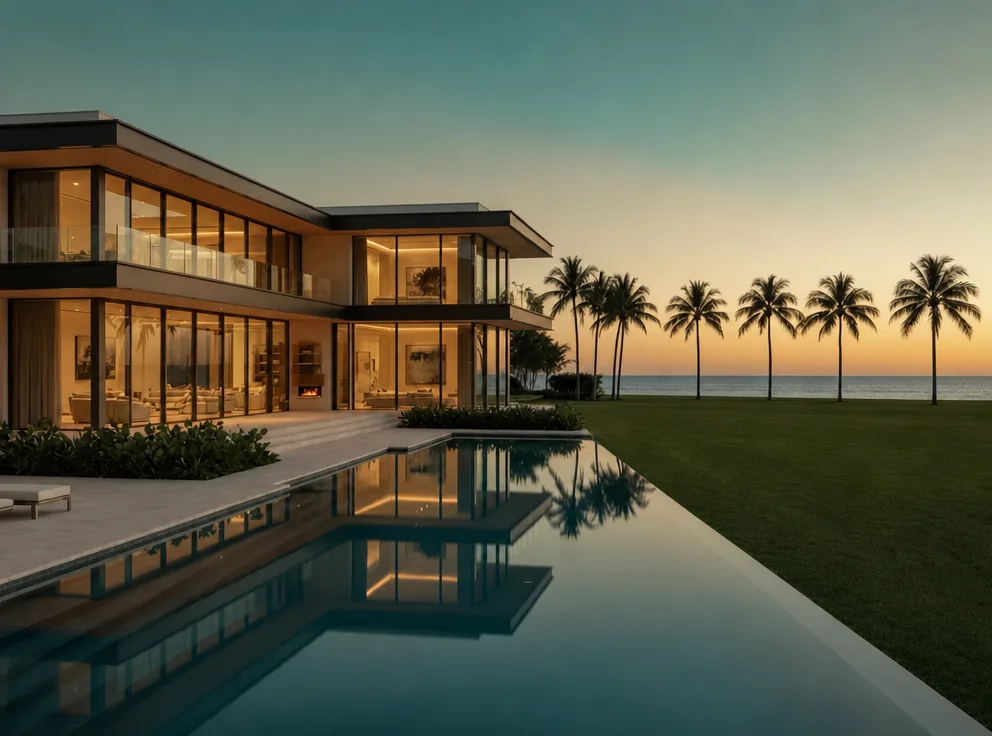 Modern waterfront home with an infinity pool at dusk, lawn to the right of the pool and water behind palm trees