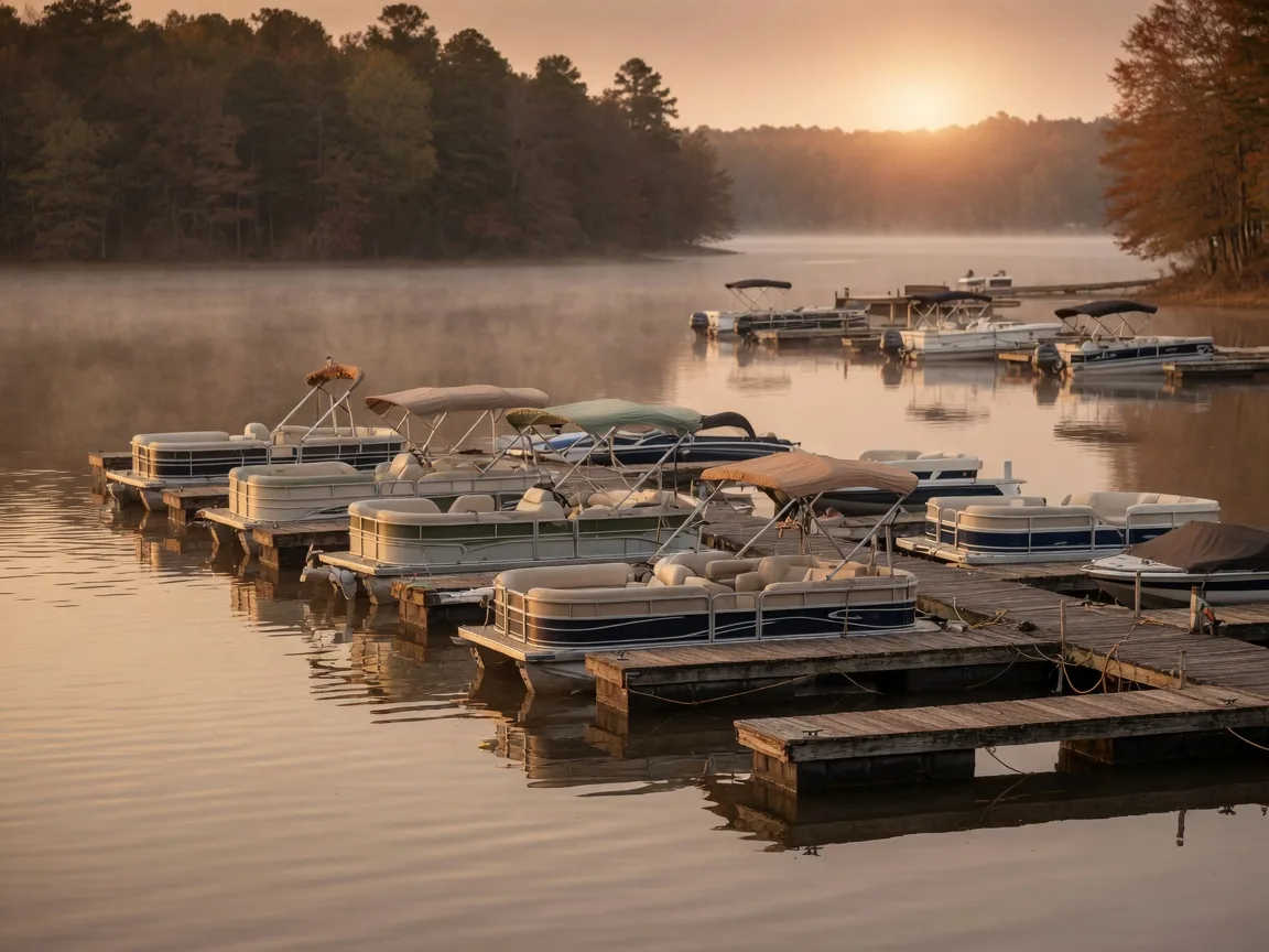 Boats moored at a wooden dock marina on a Northeast Georgia lake in soft golden morning light