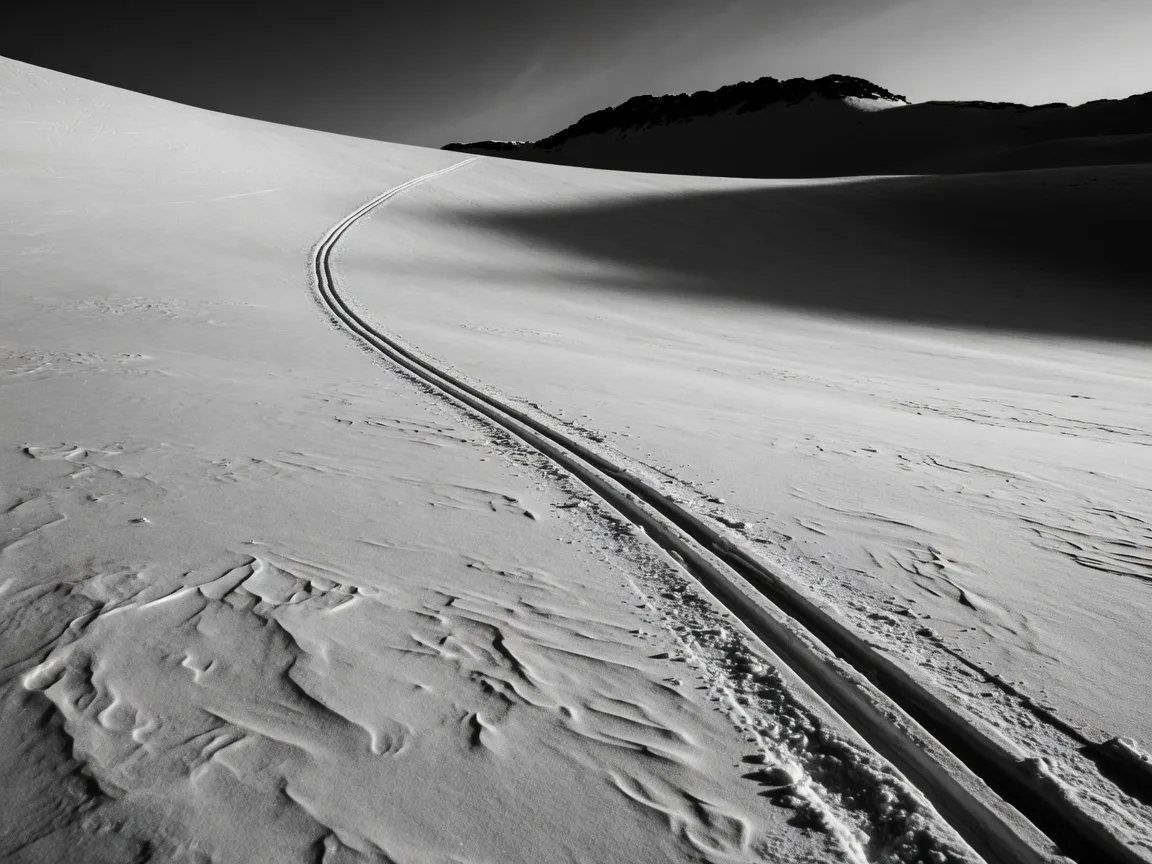 Fresh ski tracks carving a diagonal line through powder snow at dawn in the Wasatch