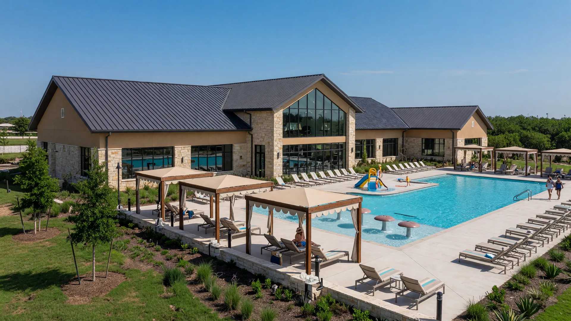 Community swimming pool and amenity center in The Preserve community area, Justin, Texas