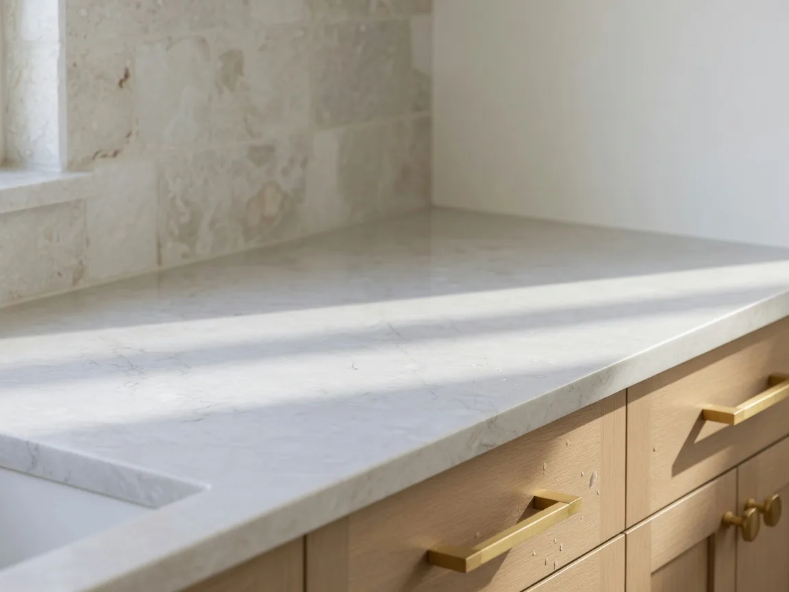 A bright kitchen with white marble countertops and brushed brass hardware