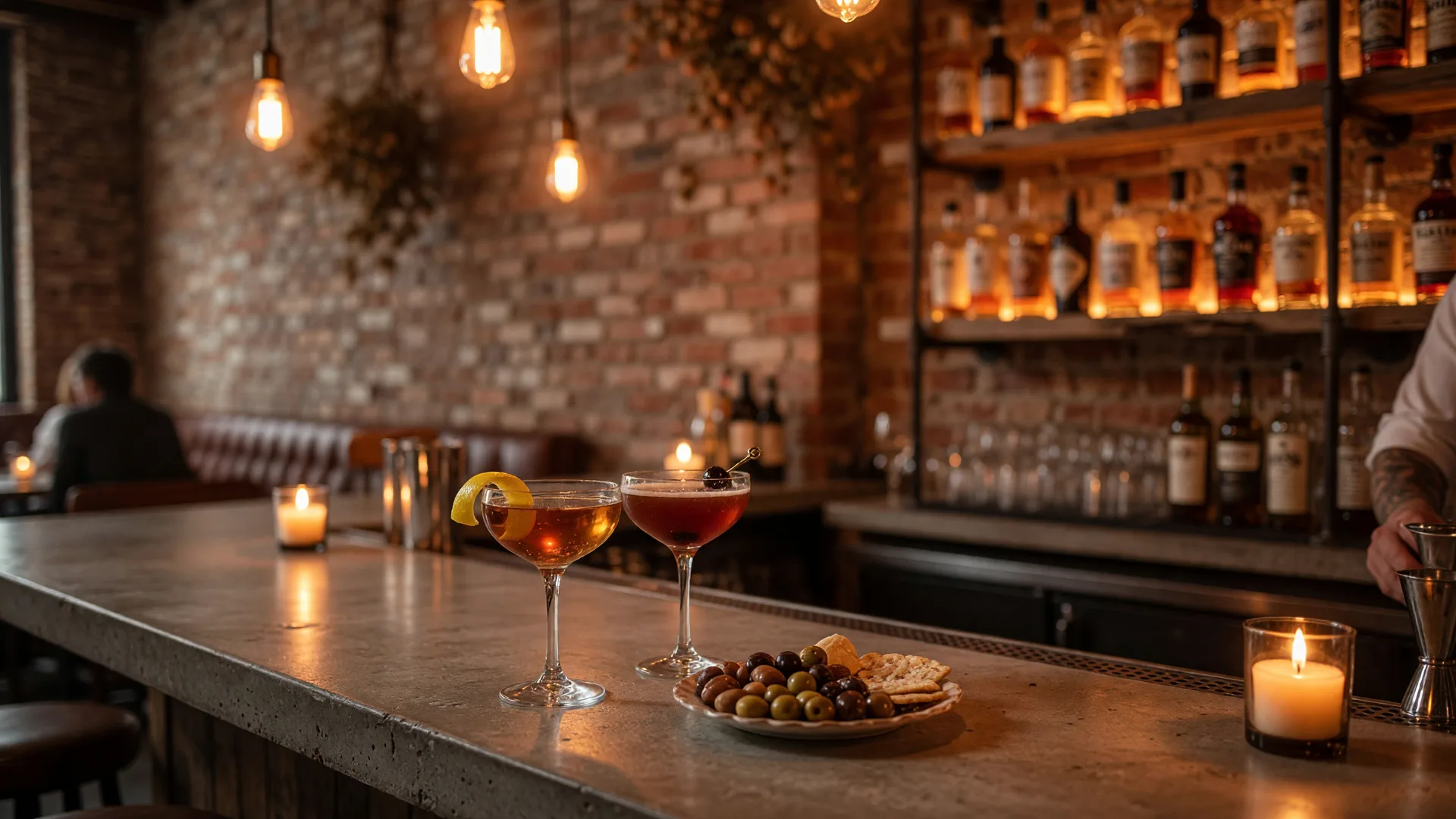 A candlelit cocktail bar with two coupe glasses on a concrete counter, warm Edison bulbs, and glowing amber bottle racks on exposed brick
