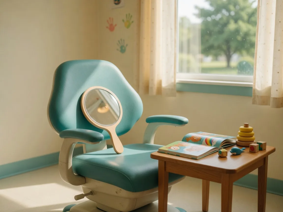 A bright pediatric clinic room with a small teal therapy chair, an open picture book, and wooden toys on a side table in warm morning light