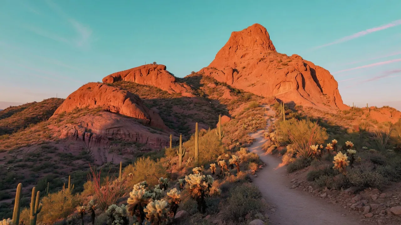 Camelback Mountain glowing at golden hour above saguaro-covered desert foothills in Phoenix