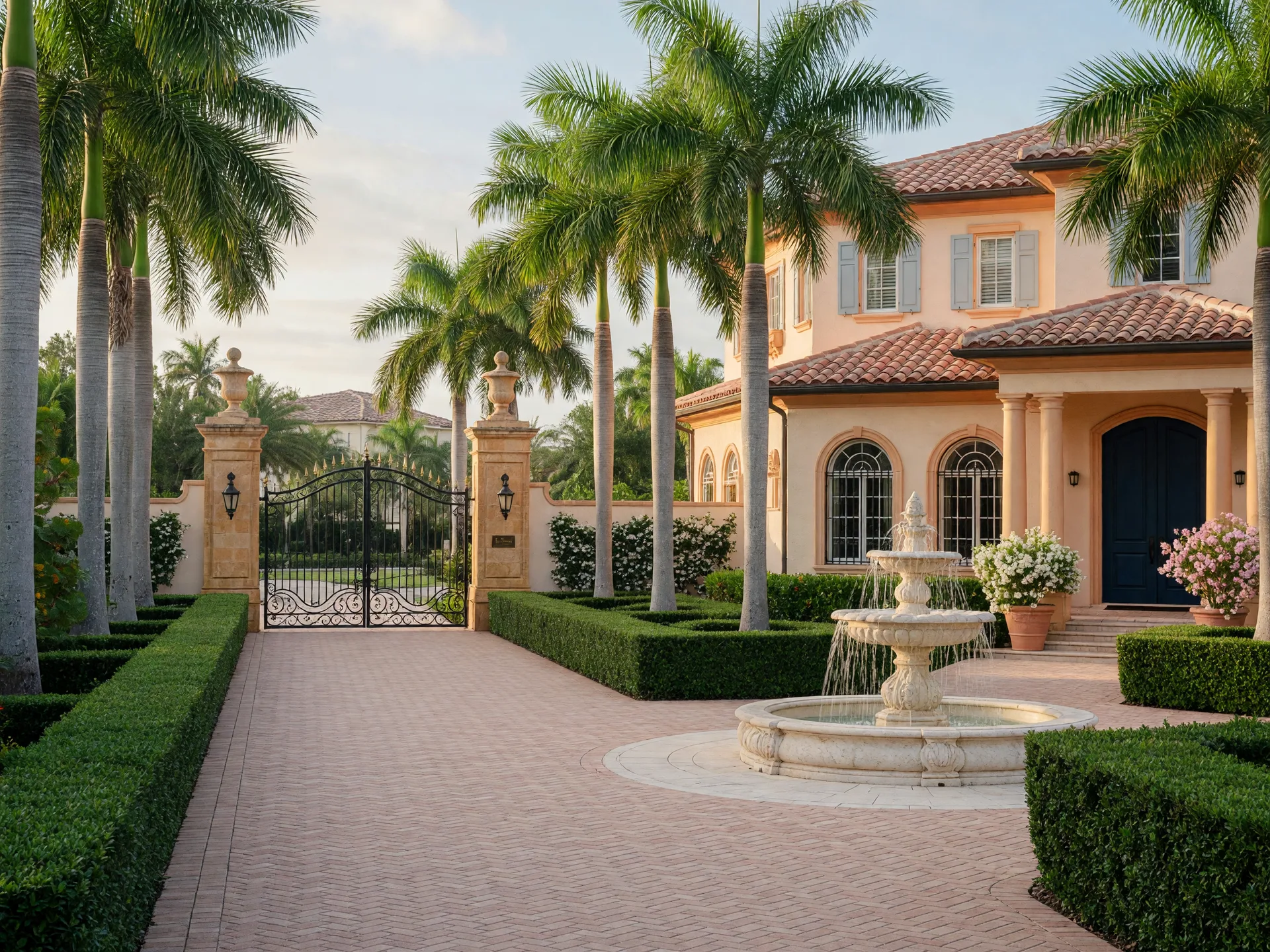 A grand Mediterranean-style estate home in a luxury gated community in Sarasota, Florida, with manicured landscaping and a stone entrance gate