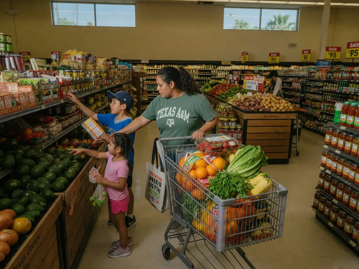 Family shopping at an H-E-B grocery store in Texas with a cart full of fresh produce in a brightly lit aisle