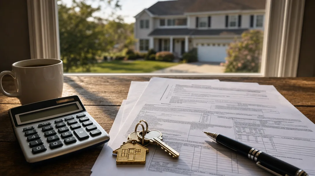 Calculator and property tax documents representing cost of living in Cherry Hill