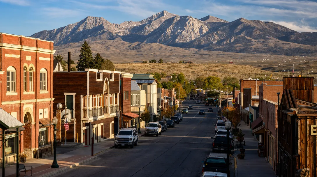 Elko Nevada historic downtown with western storefronts, Basque restaurant facades, and the dramatic Ruby Mountains rising behind the town under a clear high desert sky