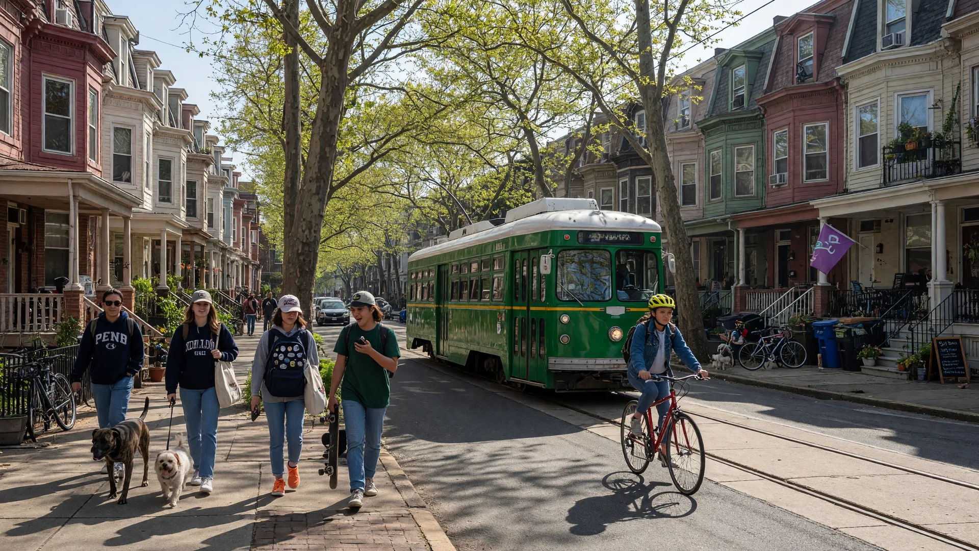 Baltimore Avenue commercial corridor in University City, Philadelphia with restaurants and cafes