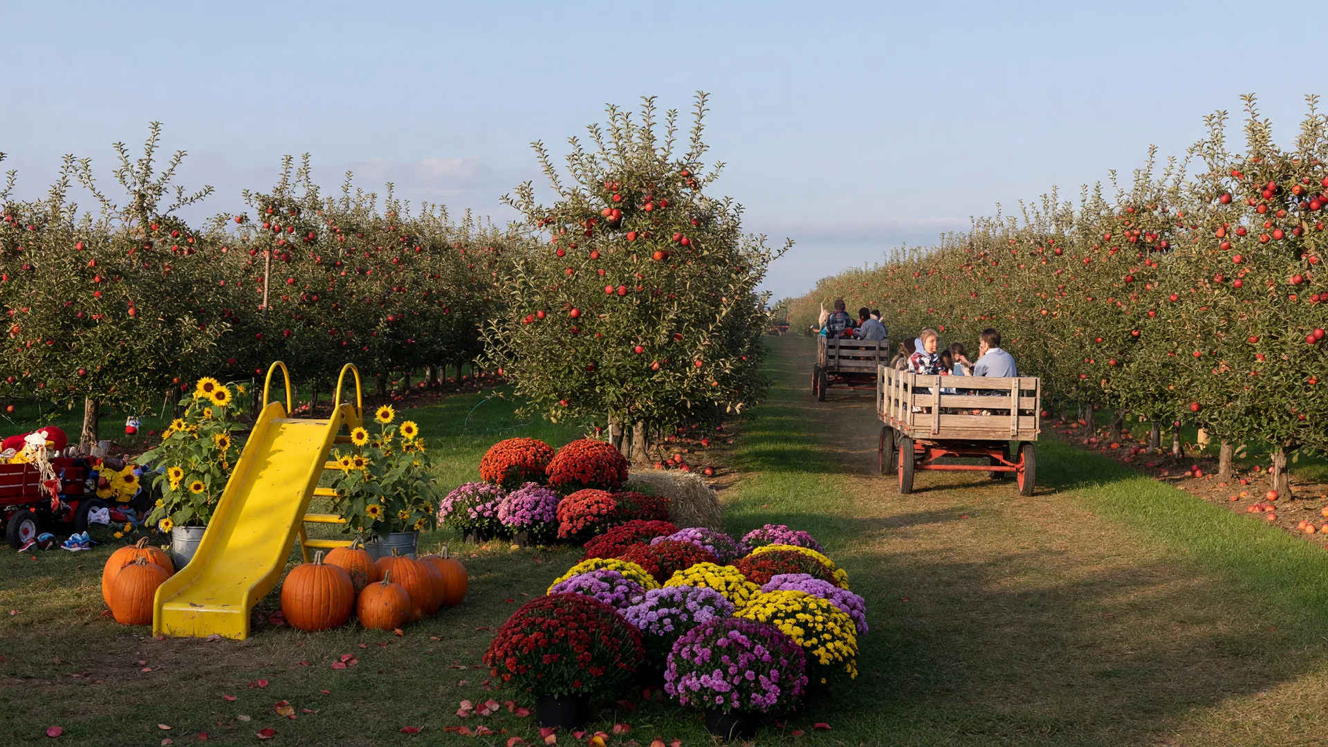 Apple orchard with a wooden wagon ride and a fall activity lawn with pumpkins and mums on a crisp September morning