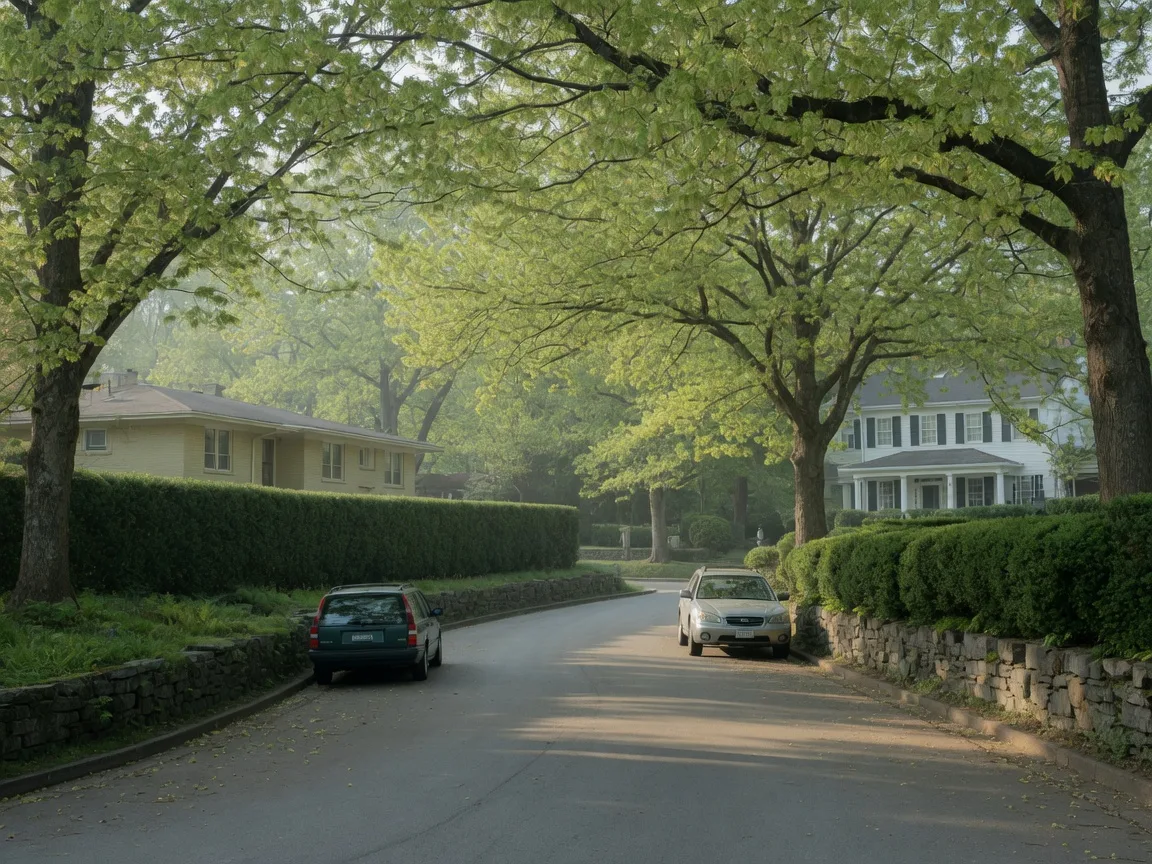 A quiet winding street with mature trees and large homes in West Meade, Nashville