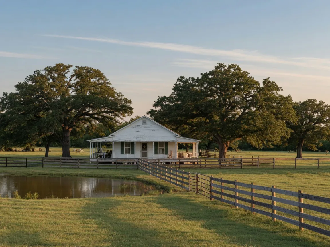 White farmhouse with wraparound porch on acreage in Delta County, Texas