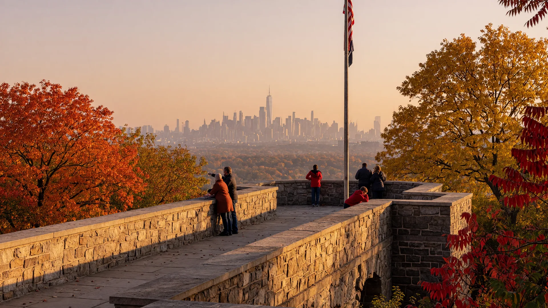 Eagle Rock Reservation overlook in West Orange NJ in mid-October with the historic stone observation deck, hardwood trees at peak autumn color, and the Manhattan skyline hazy on the horizon in golden late-afternoon light