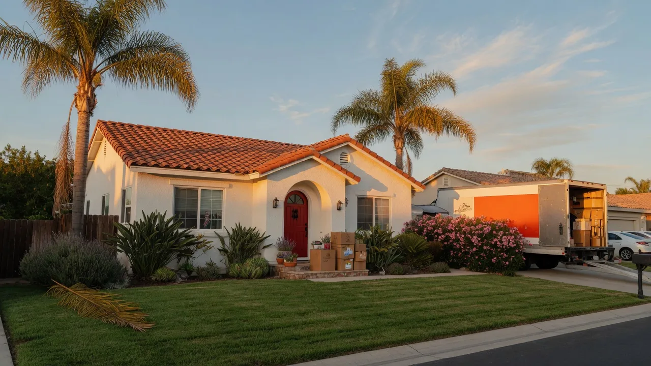 A single-story white stucco home with a red tile roof in a sunny Murrieta neighborhood, moving boxes by the front step and a moving truck at the curb under palm trees and blue sky, representing a family settling into Southwest Riverside County