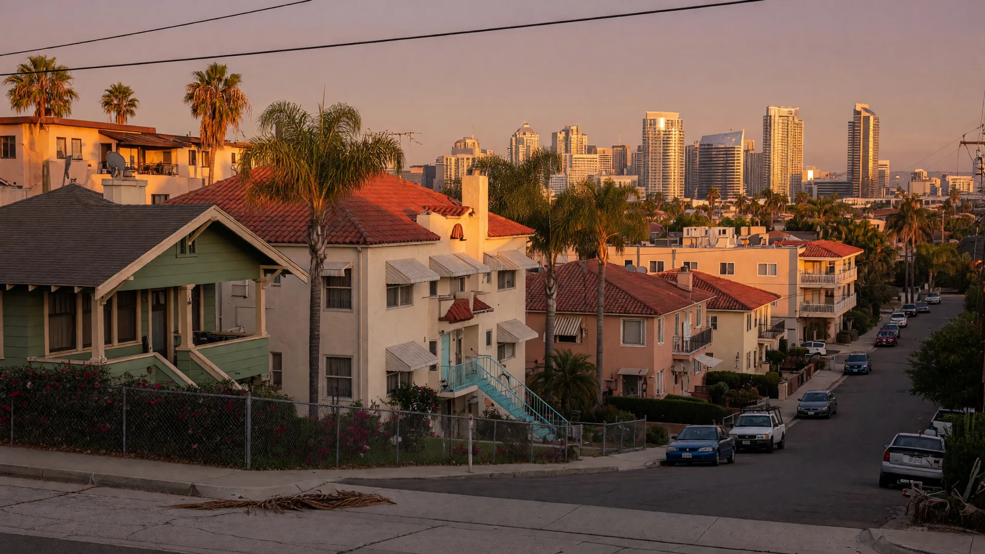 Golden-hour view across San Diego's central urban core, craftsman bungalows and low-rise apartment buildings leading toward the downtown skyline behind palm trees