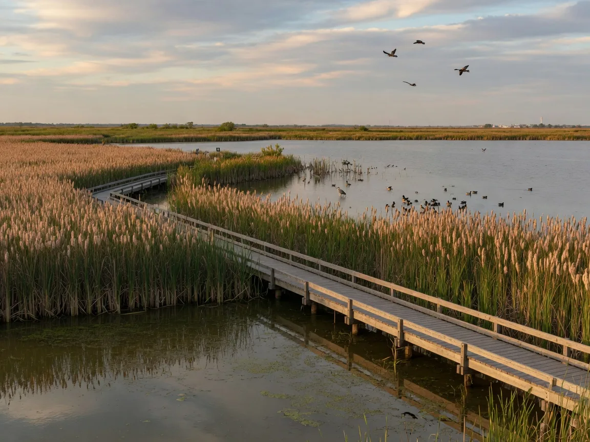 John Heinz National Wildlife Refuge at Tinicum with freshwater marsh, boardwalk, and golden afternoon light