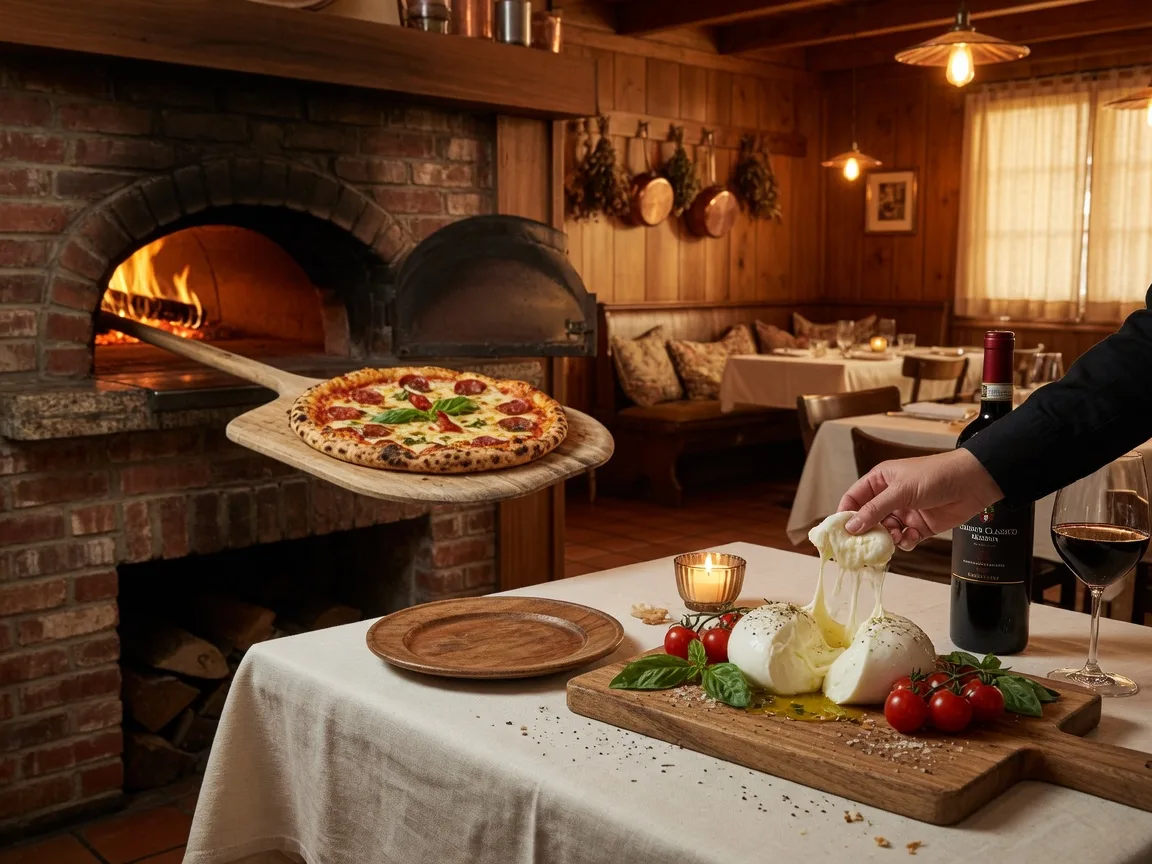 Interior of Little Mama's Italian restaurant with a beautifully set table, Italian wine, and a brick-oven pizza in warm amber lighting