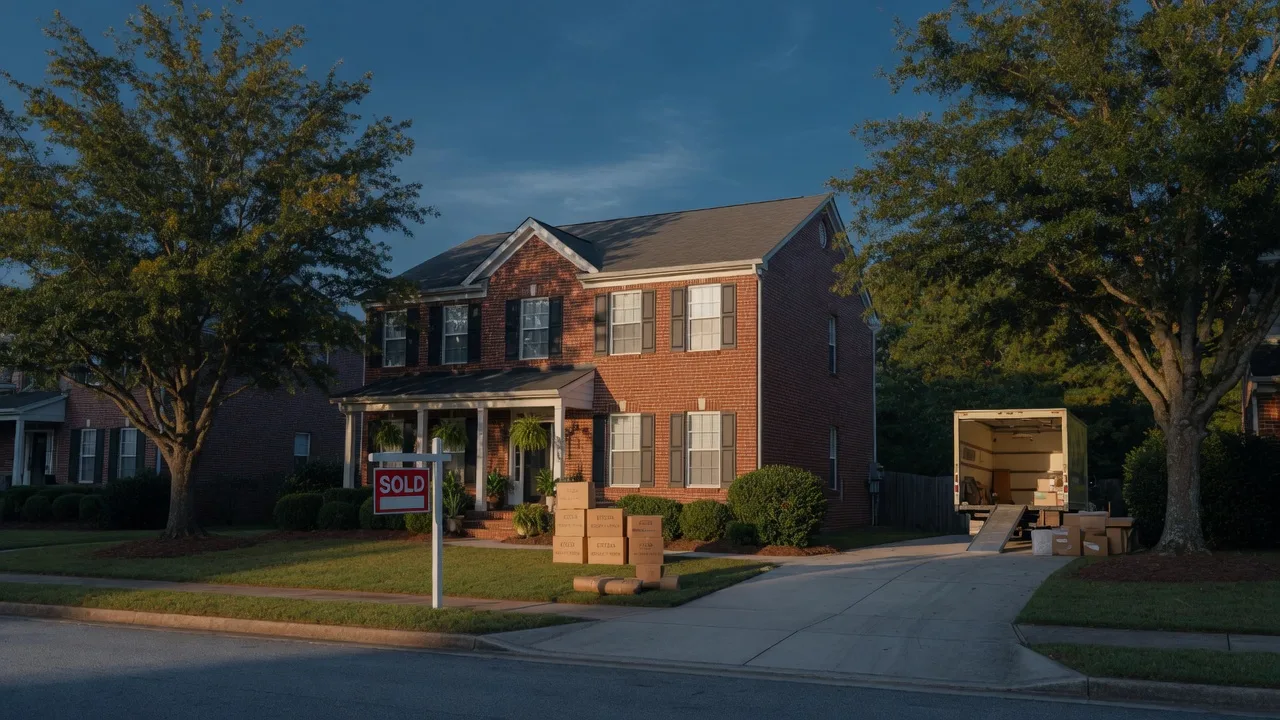 A well-maintained brick Atlanta home with a SOLD sign and moving boxes on the porch, ready for a relocation out of town
