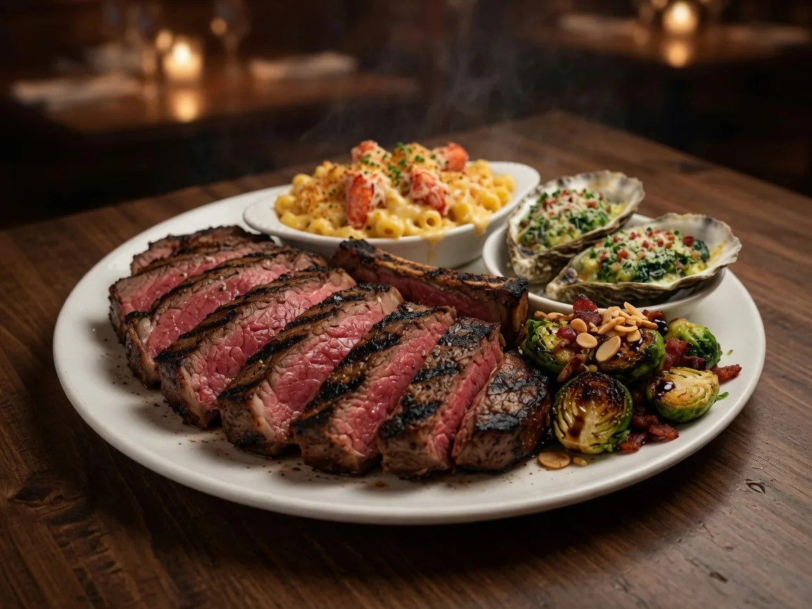 Wood-grilled prime ribeye with char marks from the Josper charcoal oven, with lobster mac and cheese, oysters Rockefeller, and Brussels sprouts at Bottles and Bones in Suwanee Georgia