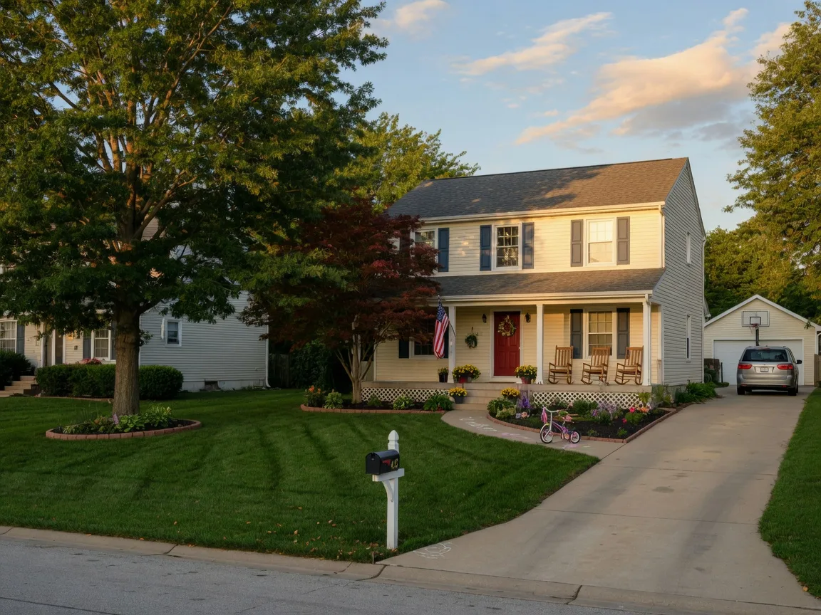 A charming family home in Blue Springs, Missouri with welcoming curb appeal, mature trees, and a warm front porch