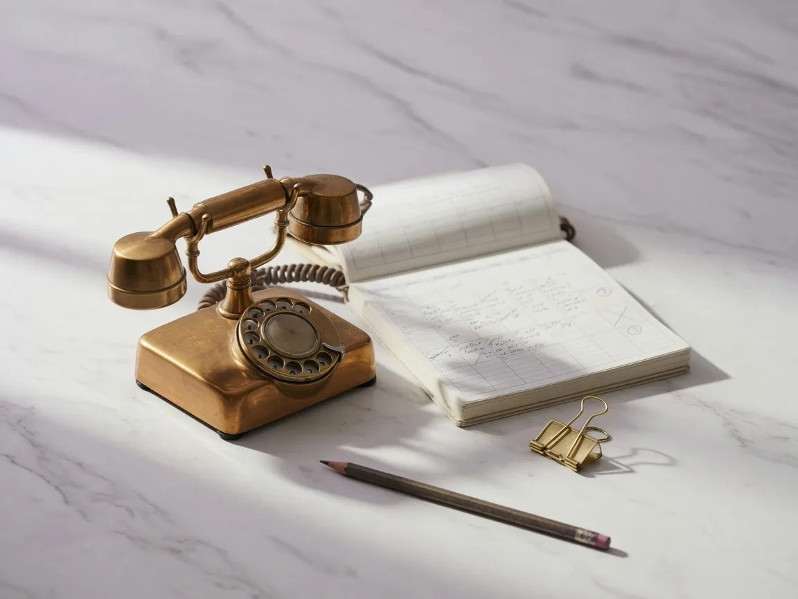 A brass desk telephone and paper appointment calendar on white marble, the tools of a full calendar