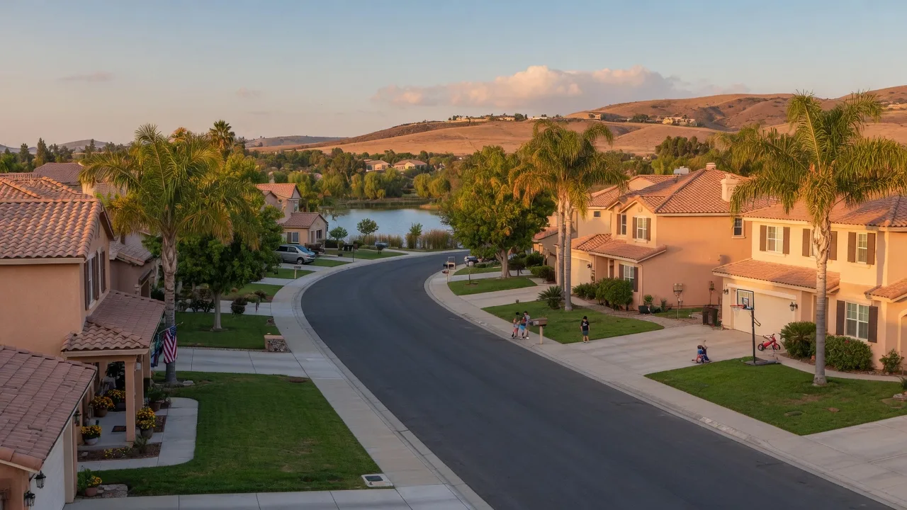 A quiet Menifee, California street at golden hour with stucco and tile-roofed homes, palm trees, green lawns, and rolling hills in the distance