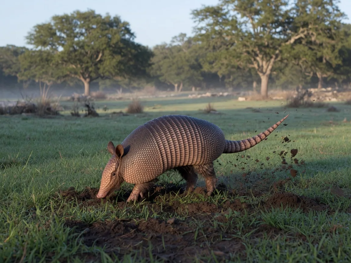 A nine-banded armadillo digging with its snout in damp grass and soil in a Texas Hill Country yard at early morning light, banded armored back in profile