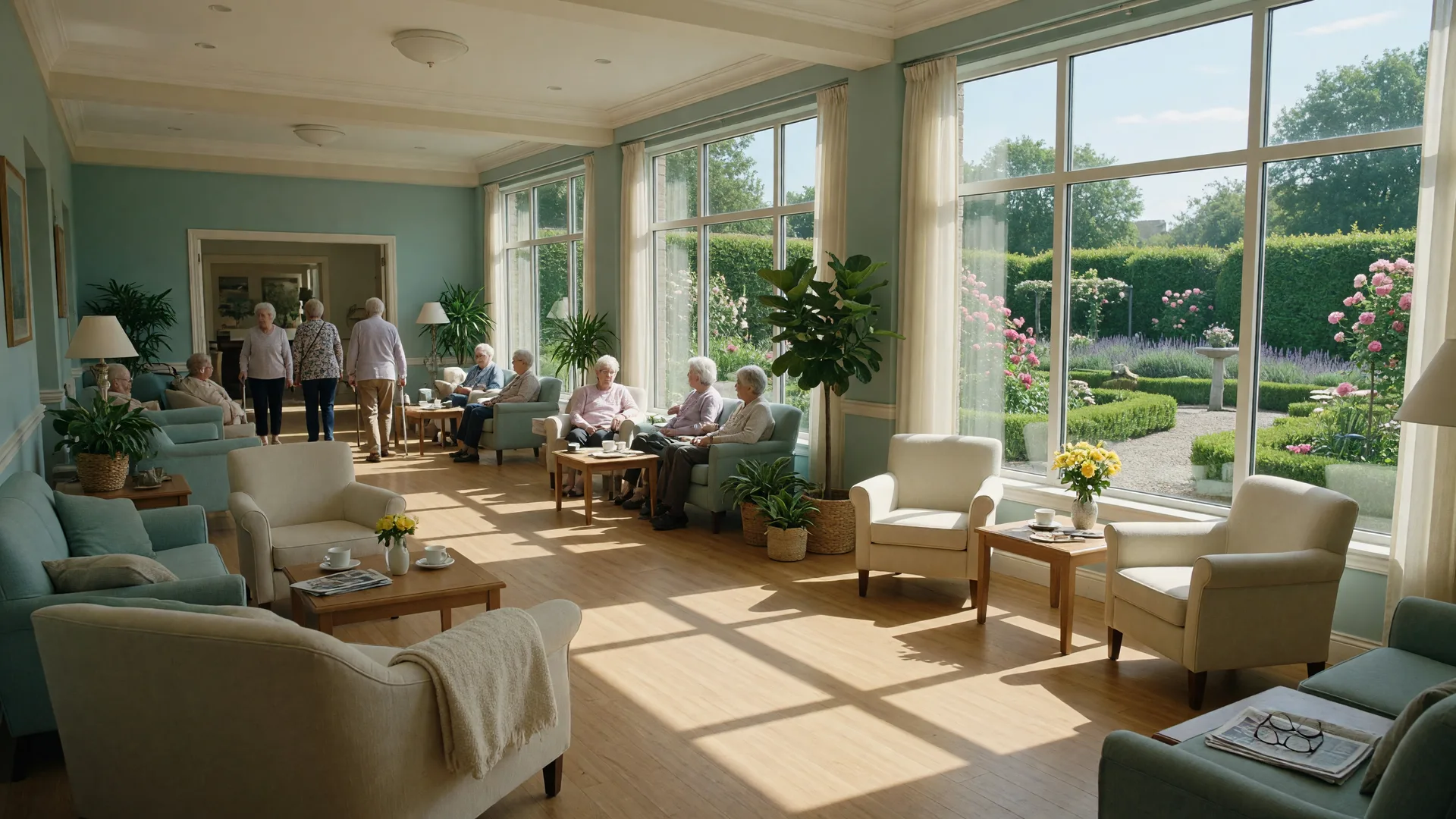 Residents and families together in the bright common room of an active senior living community