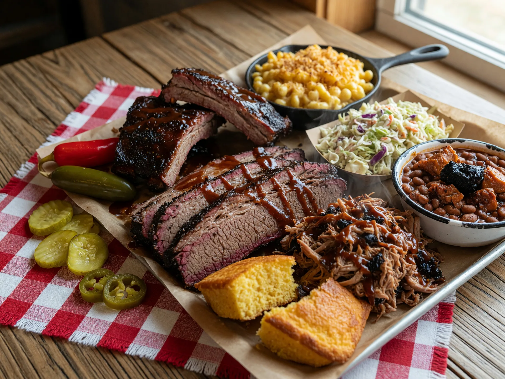 Smoked brisket, ribs, pulled pork, mac and cheese, coleslaw, baked beans, and cornbread at Saucy's Sit-Down Bar.B.Q. in Hopewell