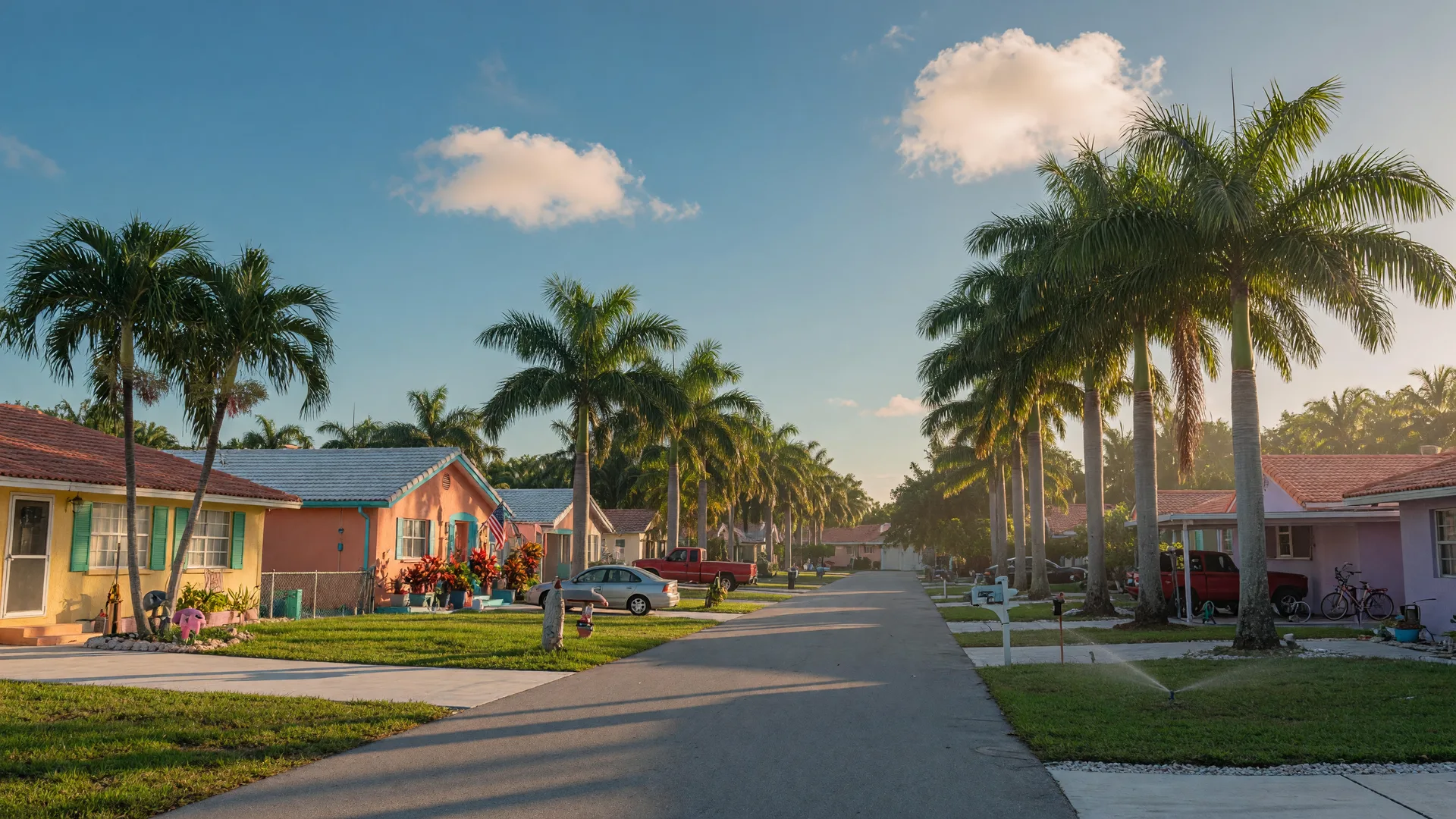 A welcoming South Florida residential neighborhood with palm trees and pastel-colored homes