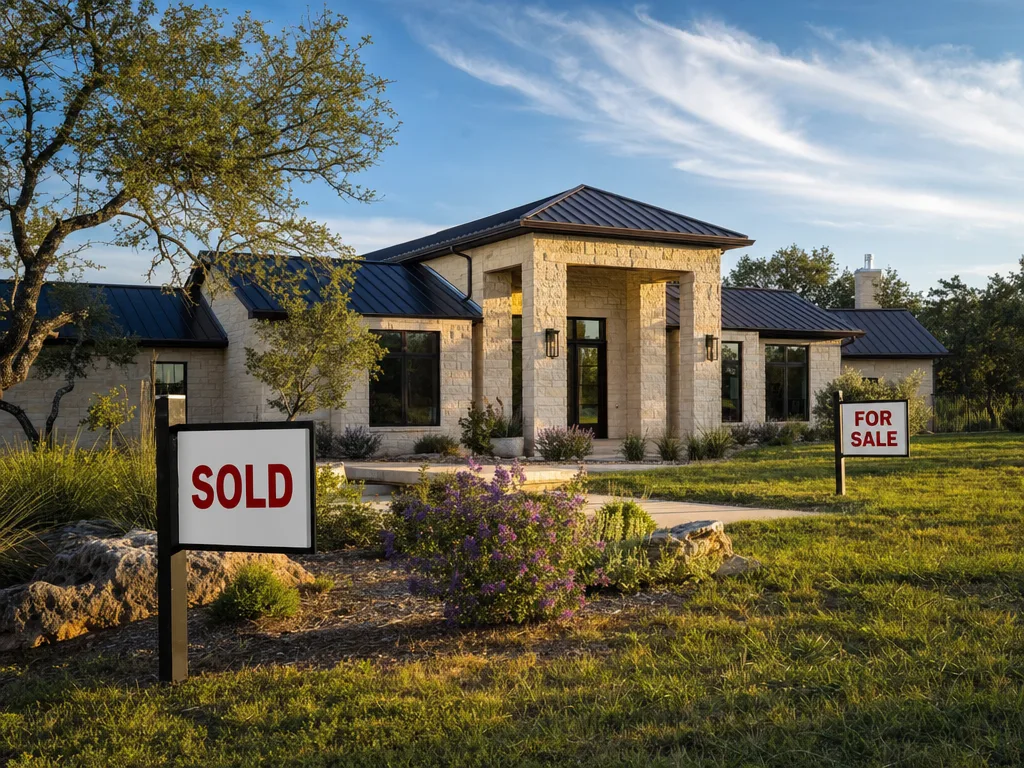 New limestone Texas Hill Country home with a Sold sign and a nearby For Sale sign, representing the region's active housing market driven by inbound migration