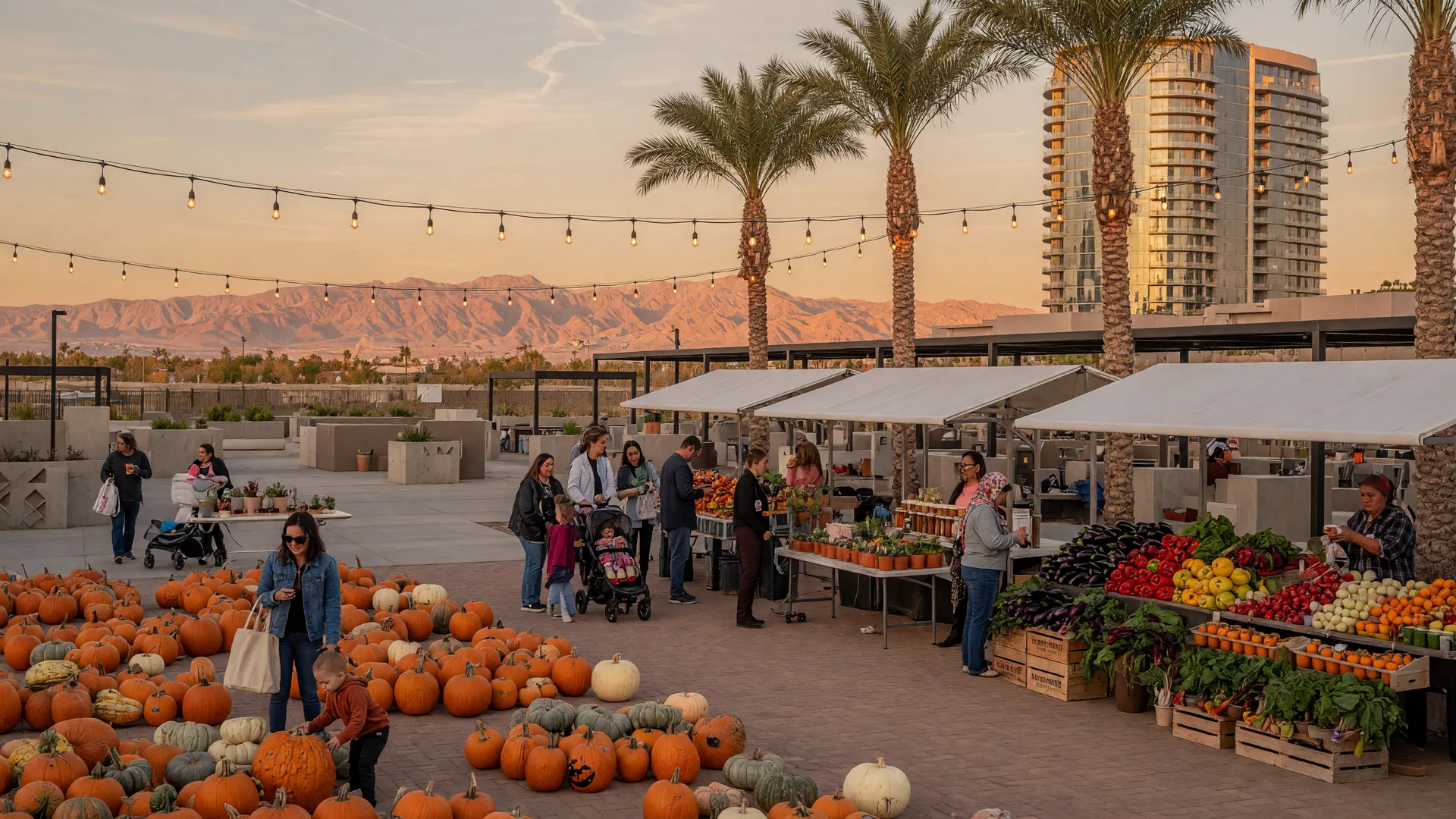 Autumn farmers market and pumpkin patch at a Southwest Las Vegas plaza at dusk, with string lights and desert mountains on the horizon