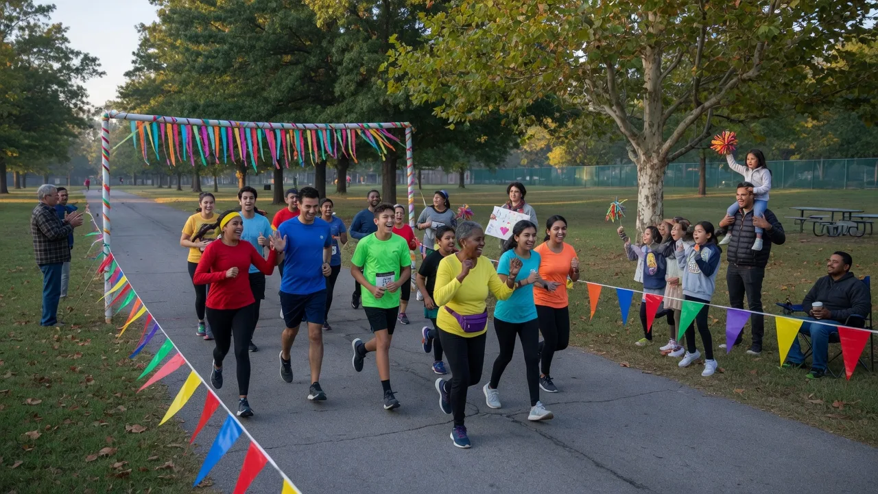 Runners of all ages crossing a start-line arch at a community 5K fun run in a North Tulsa park on a crisp October morning
