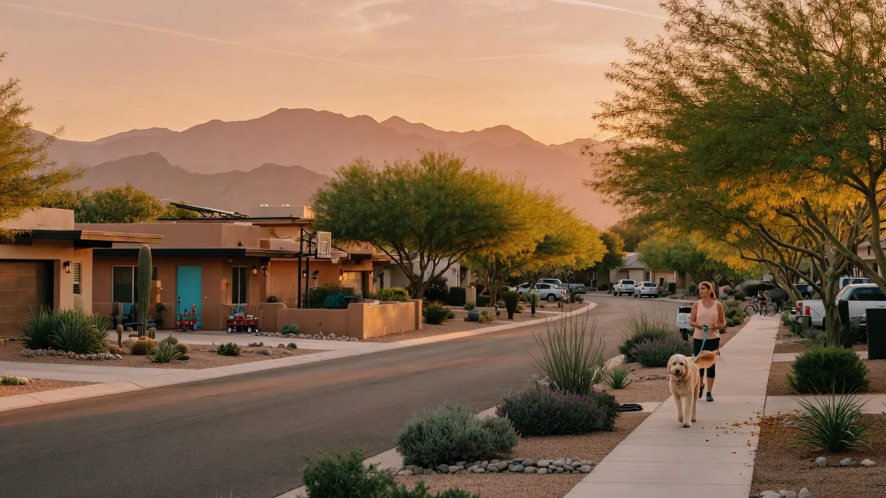 Tree-lined residential street in Gilbert, Arizona at golden hour with modern Southwestern homes, a person walking a dog, and San Tan Mountains in the distance