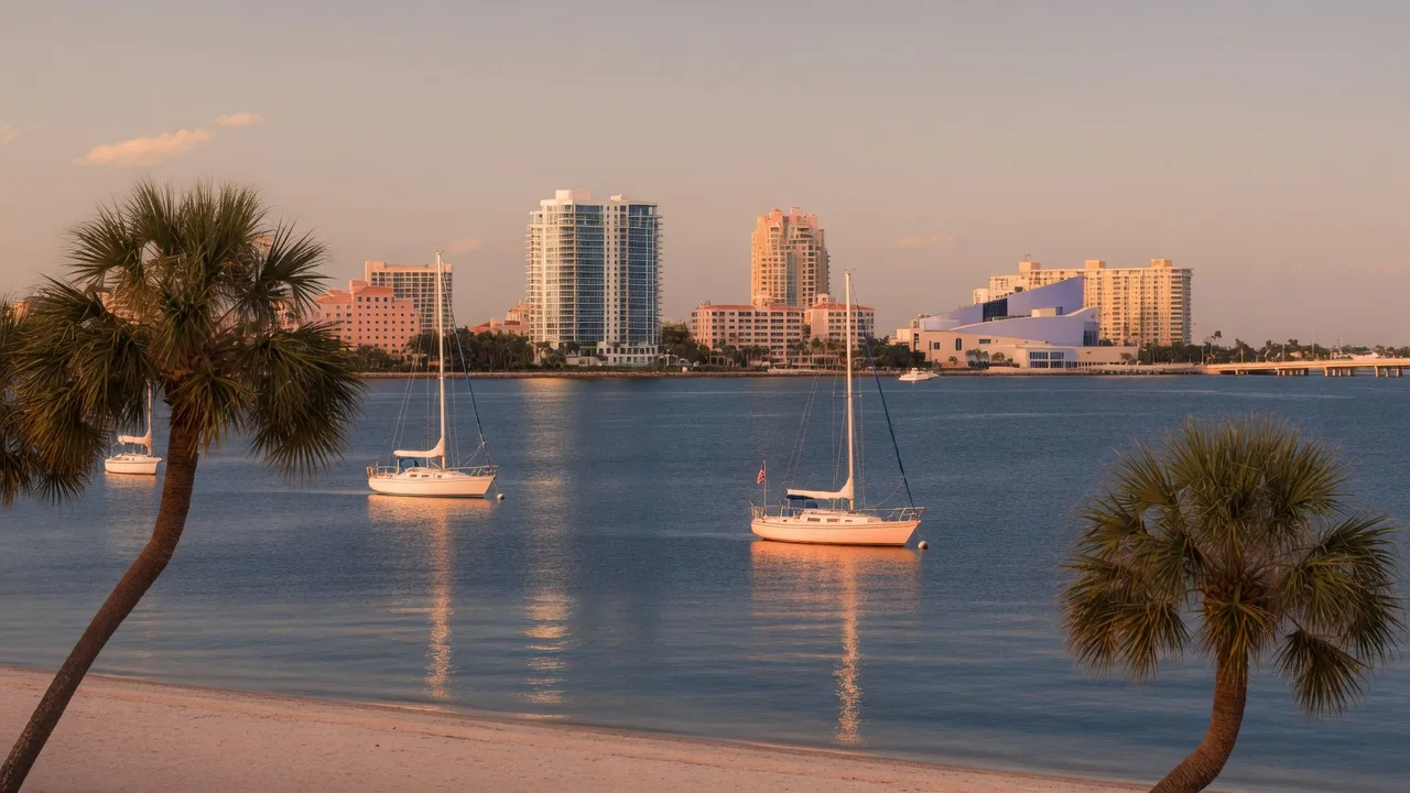 Sarasota Bay and city skyline at golden hour with sailboats on calm water and palm trees in the foreground