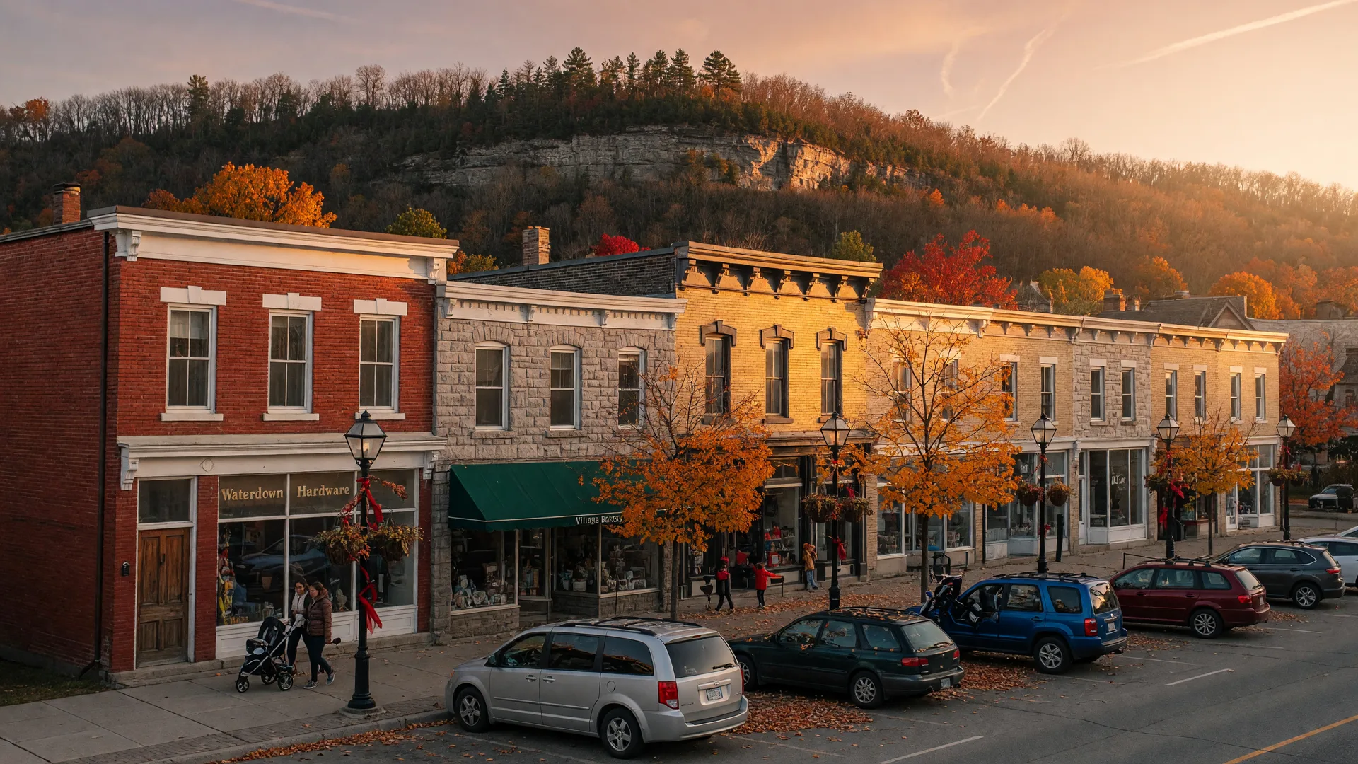 Golden-hour view of Waterdown's heritage Dundas Street village with brick storefronts and autumn maples beneath the Niagara Escarpment