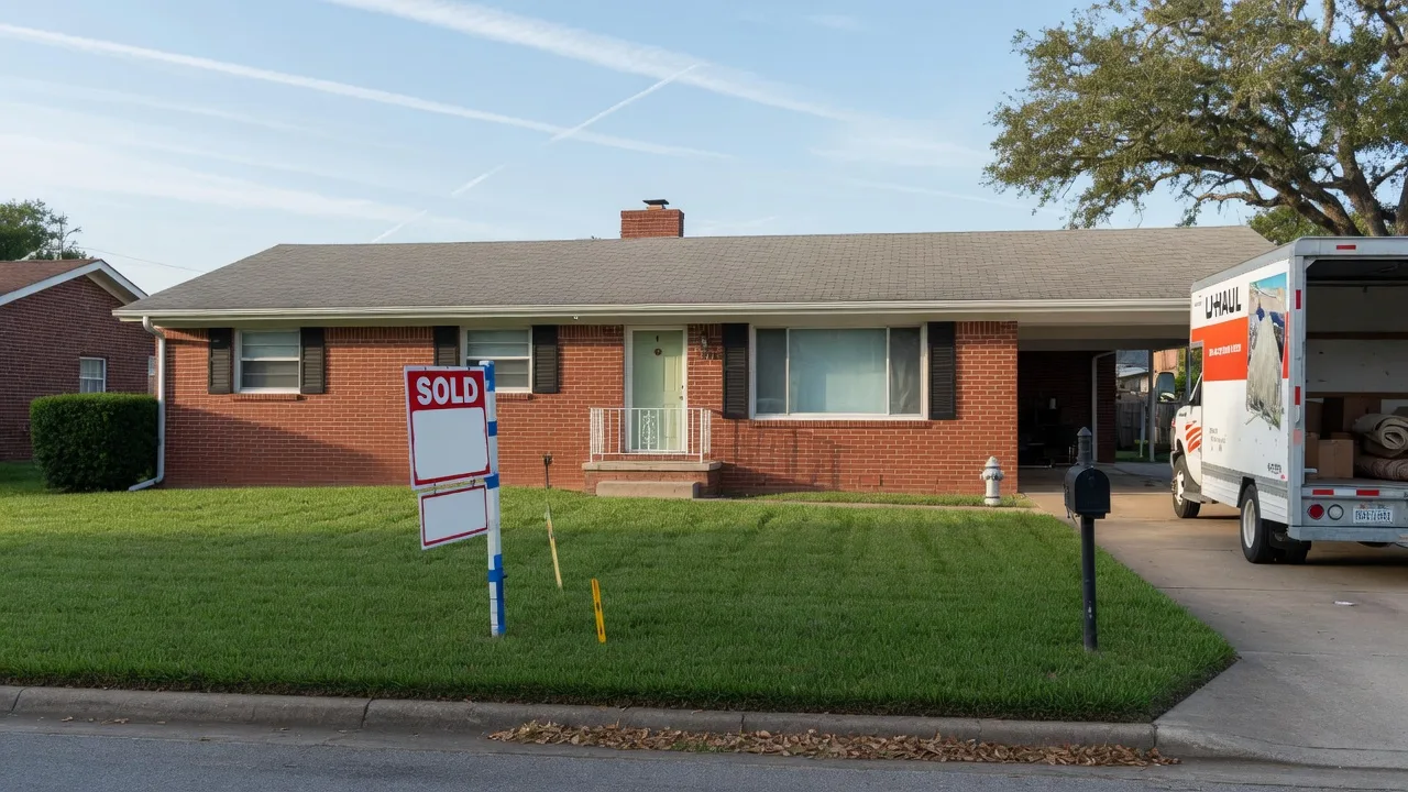 A red brick Texas ranch home with a freshly trimmed lawn and a sold sign in the front yard under a bright morning sky