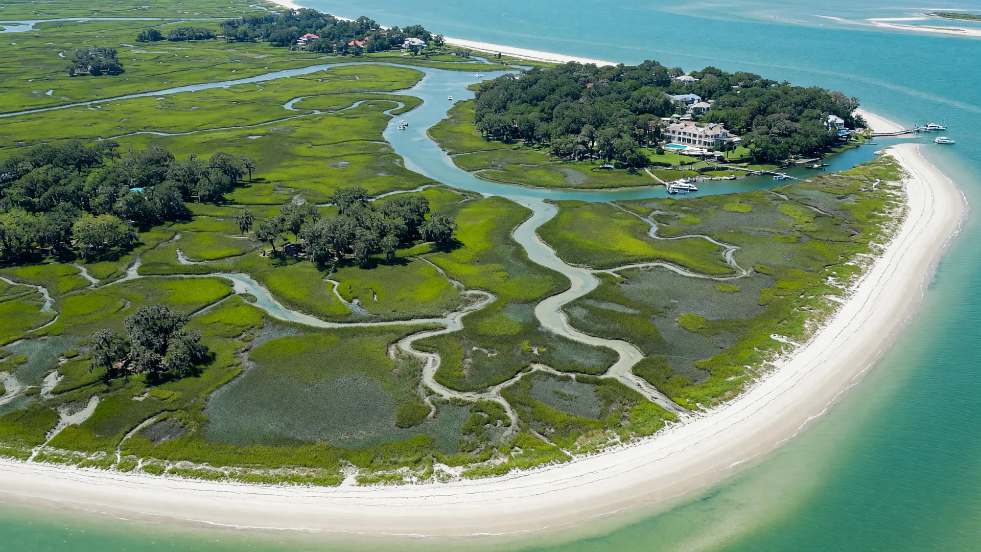 Aerial view of Lowcountry coastline with tidal marshes and sea islands