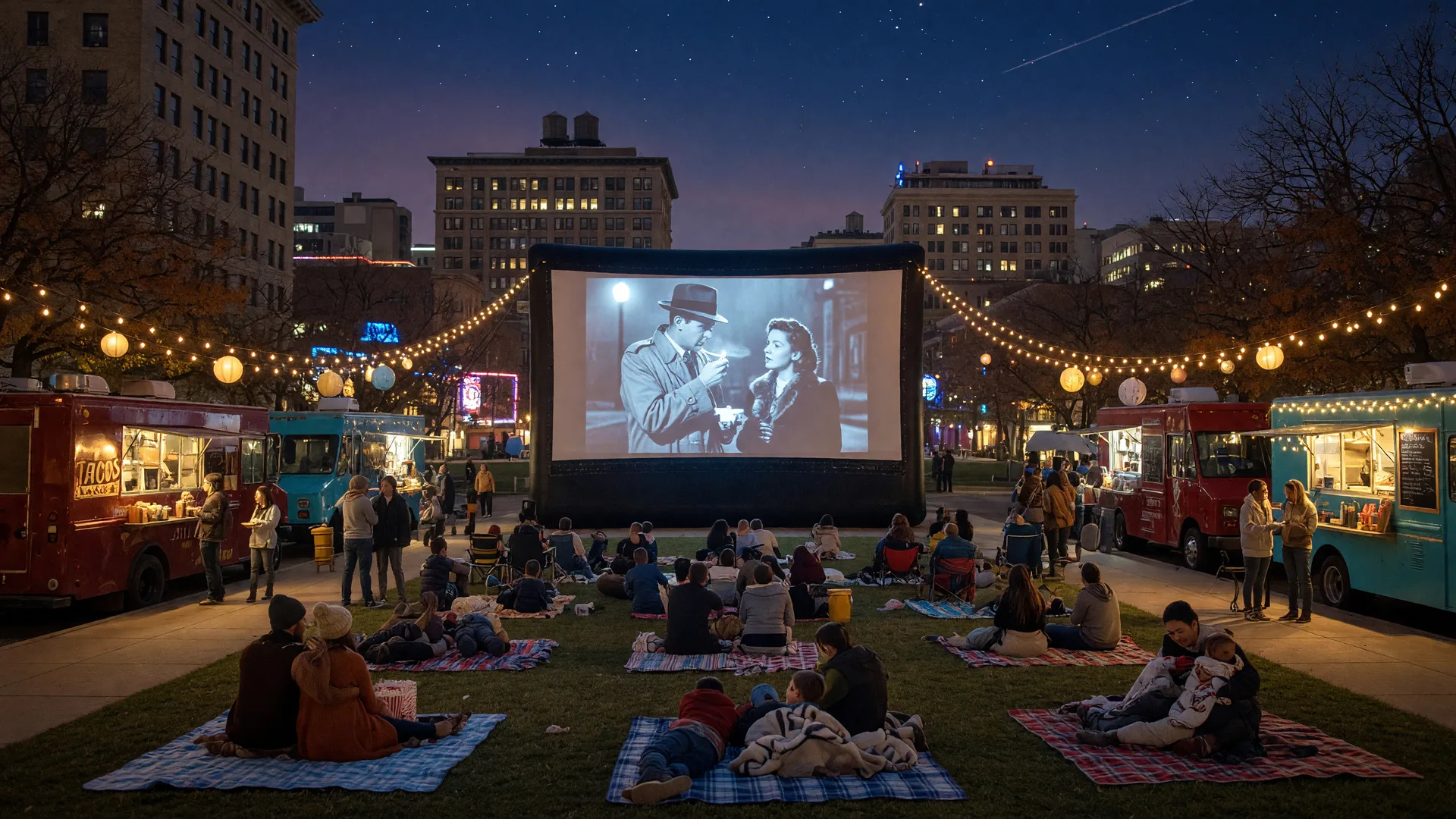 Outdoor movie night in a downtown city square at night with a glowing screen, families on picnic blankets, string lights, and food trucks
