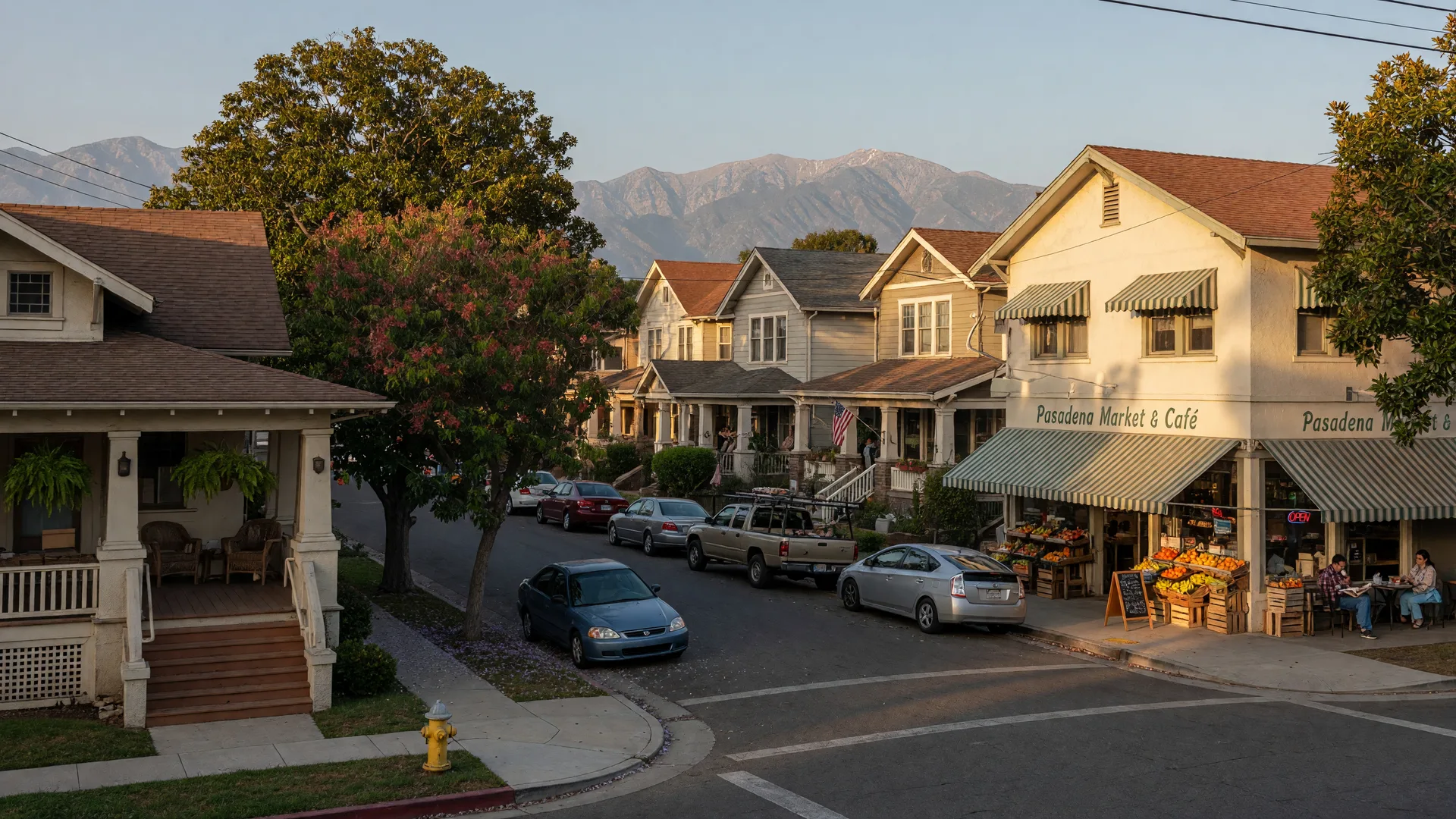A Pasadena residential street with Craftsman bungalows, a corner grocery store, and the San Gabriel Mountains on the horizon